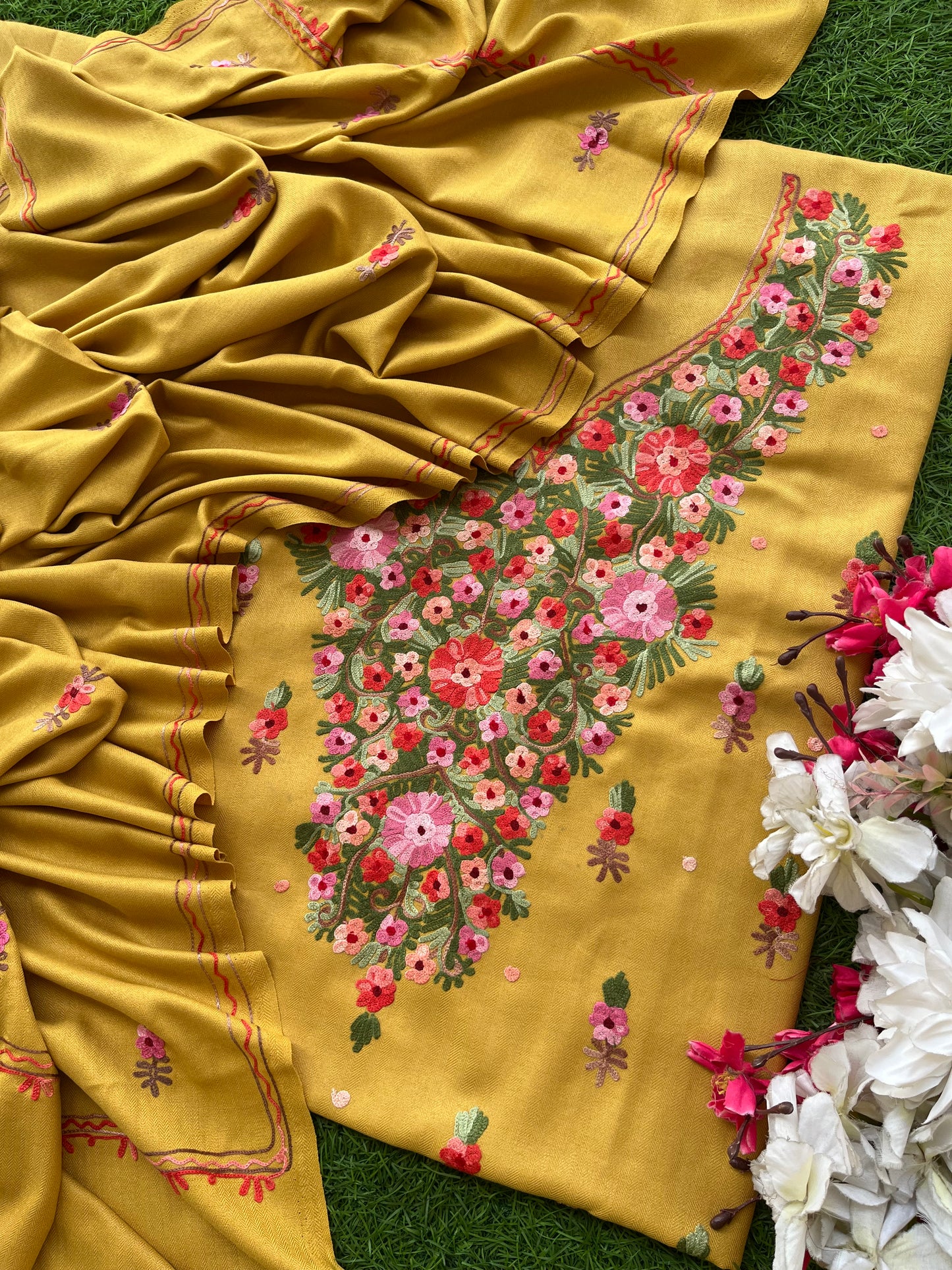 Yellow Woollen Aari Embroidered 3pc suit
