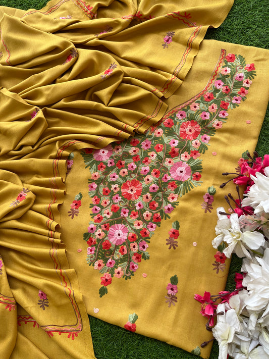 Yellow Woollen Aari Embroidered 3pc suit