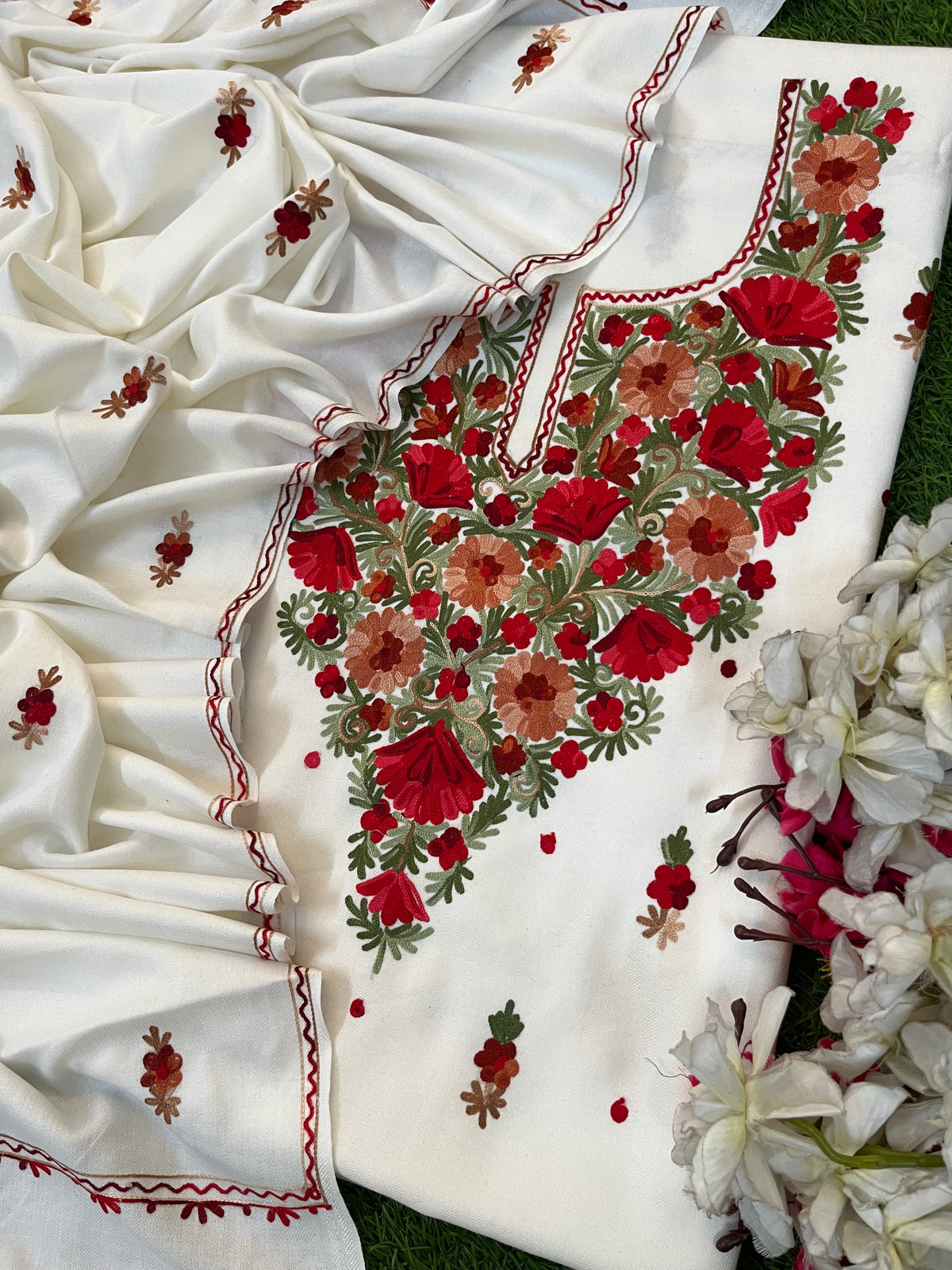Off White Woollen Aari Embroidered 3pc suit