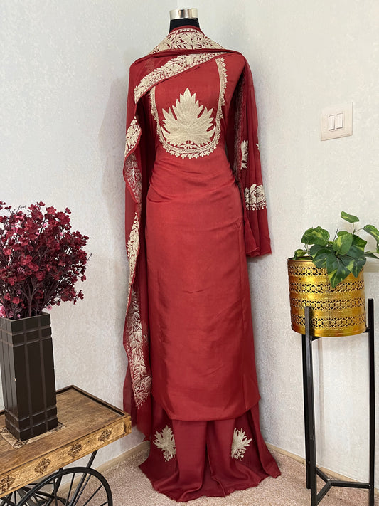 Rust Sanam’ Tilla Kashmiri Silk Suit