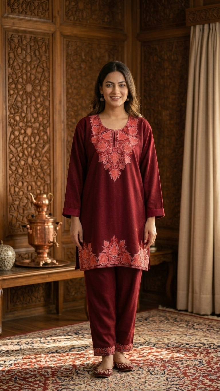 Maroon Woollen Kashmiri Co-Ord Set ( Size 46)
