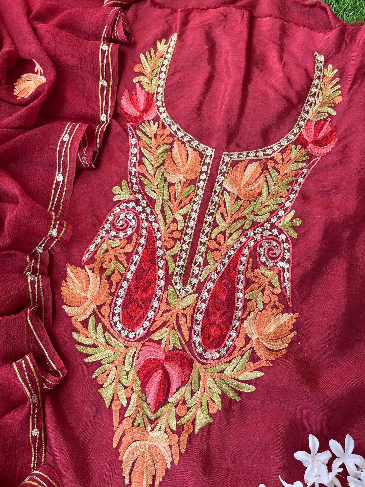 Maroon Opada Silk Aari Embroidered Suit material