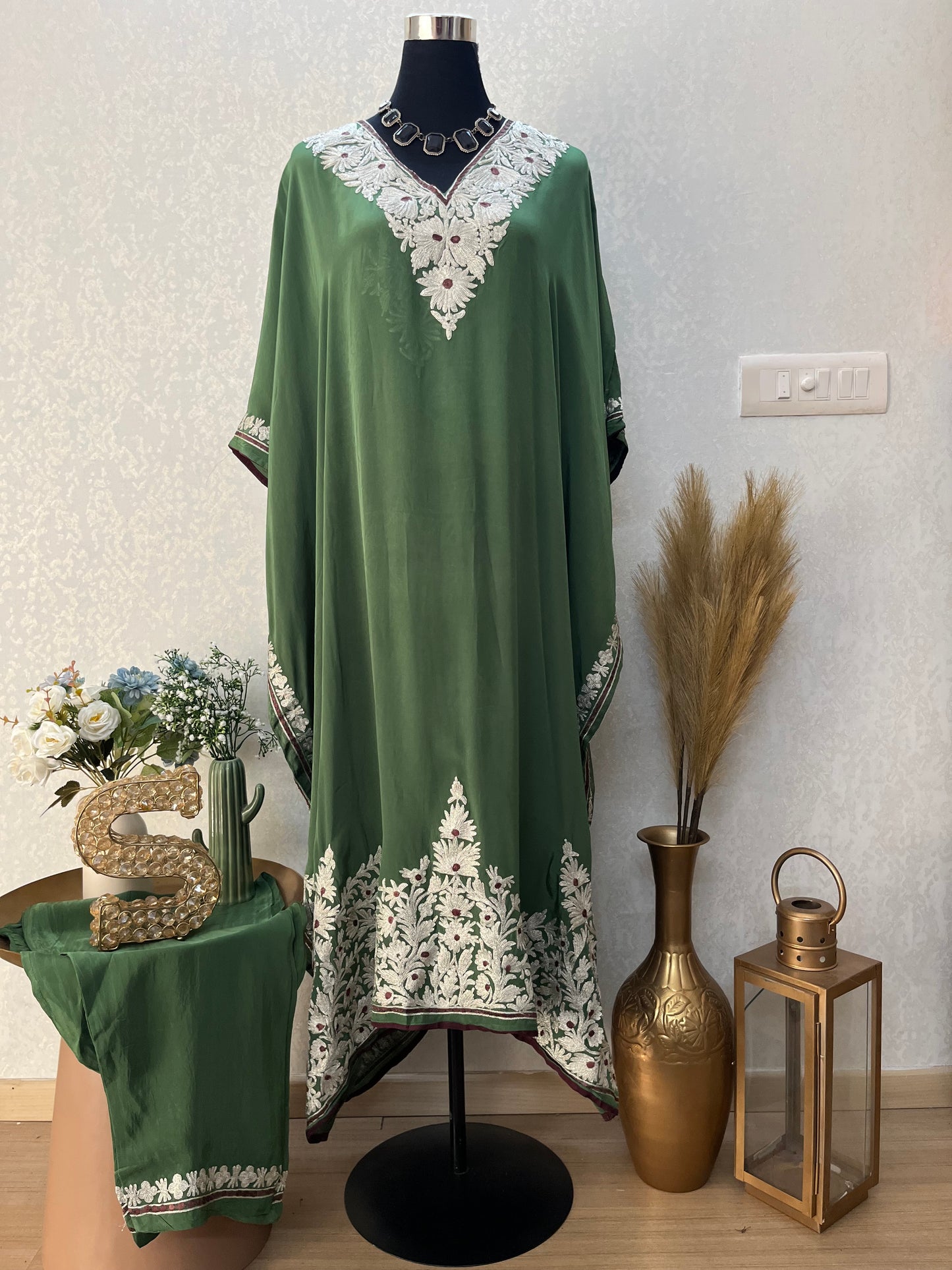 Green Crape Kashmiri Kaftan Set