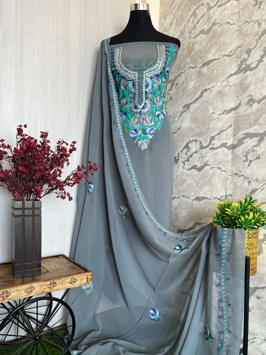 Grey Georgette 2Pc Aari Embroidered Suit Set