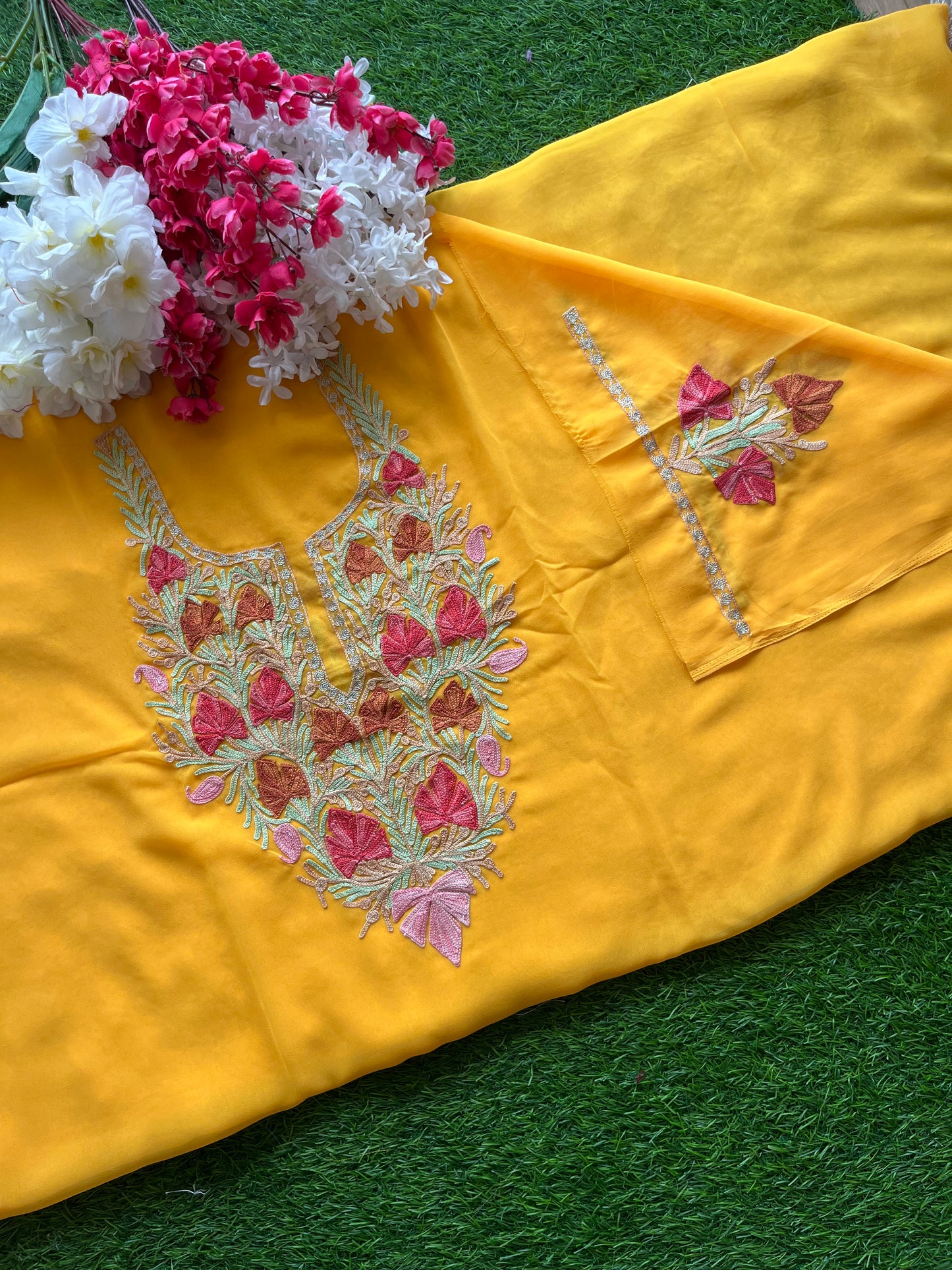 Yellow Georgette Aari Embroidered Unstitched Kurta Material