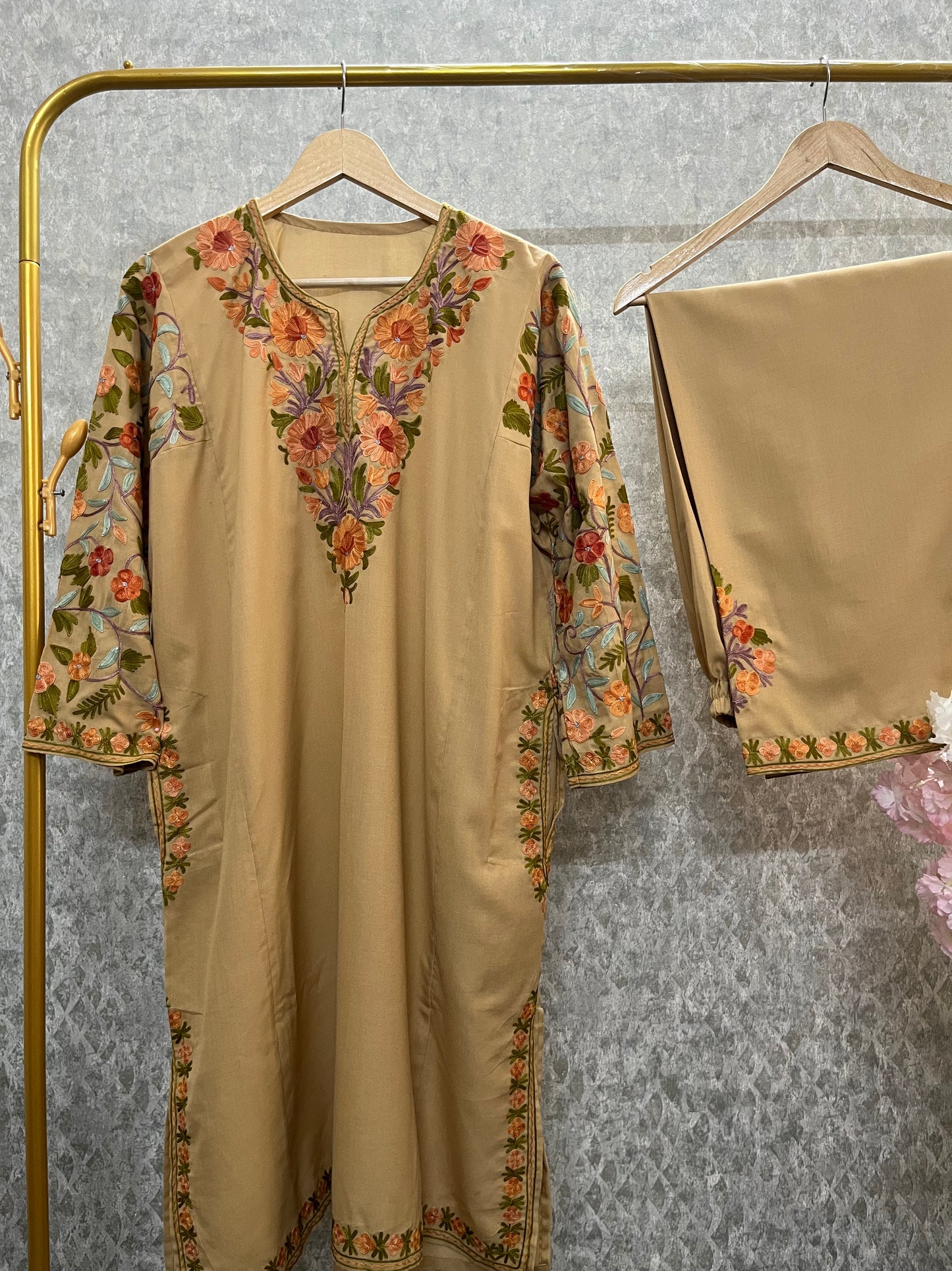 Beige Cotton Arm Jaal Pheran Set