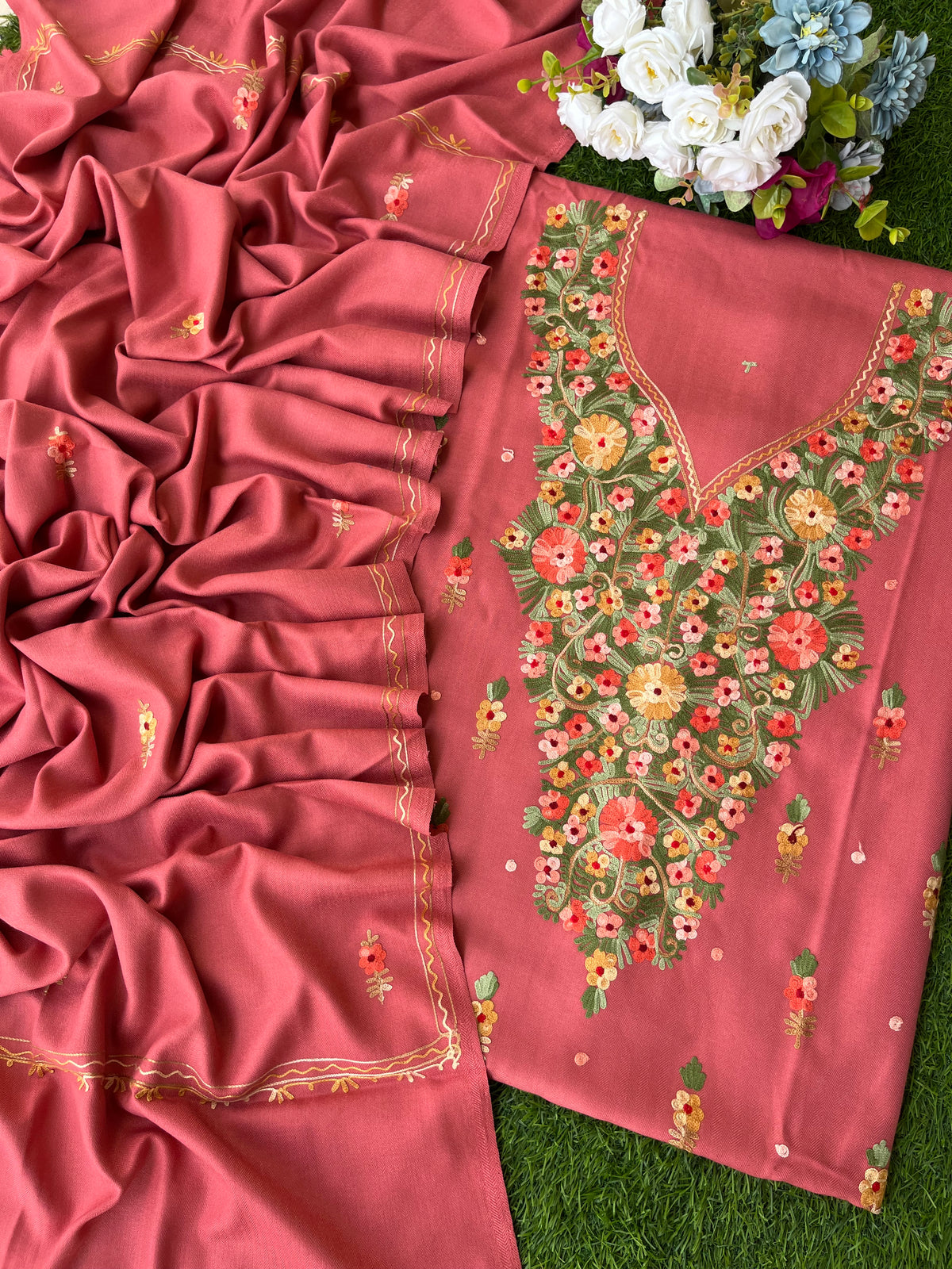 Pink Woollen Aari Embroidered 3pc suit