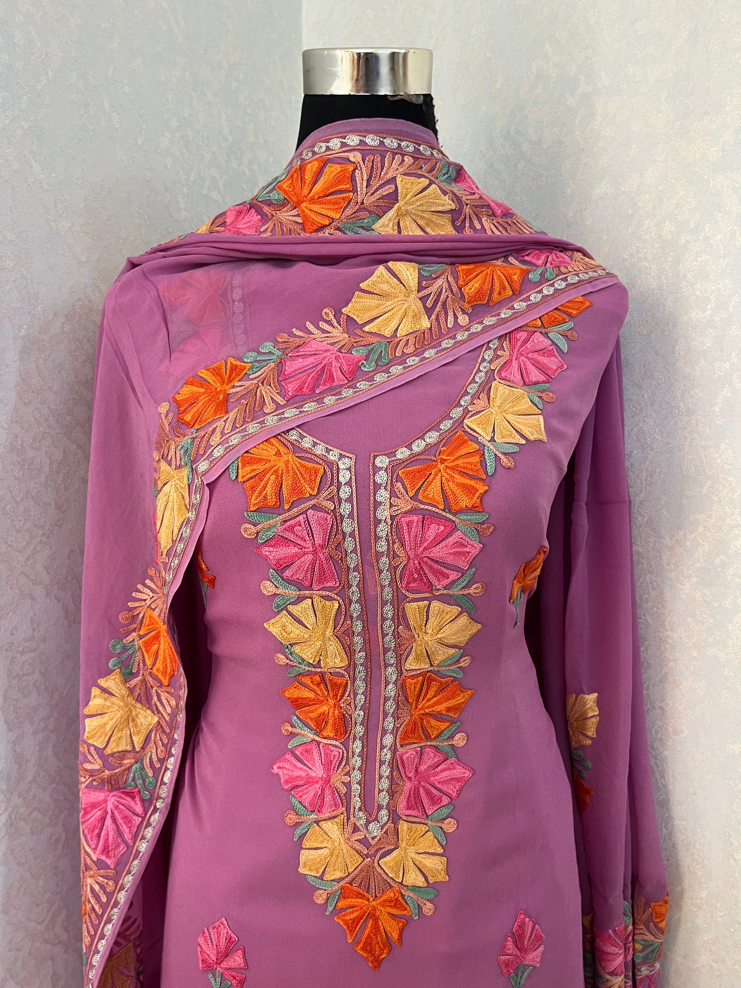 Lilac Pure Georgette Aari Embroidered Suit