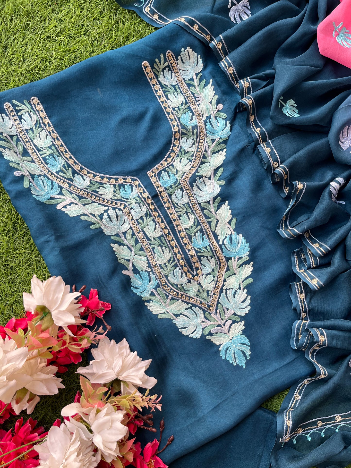 Blue Opada Silk Kashmiri Suit