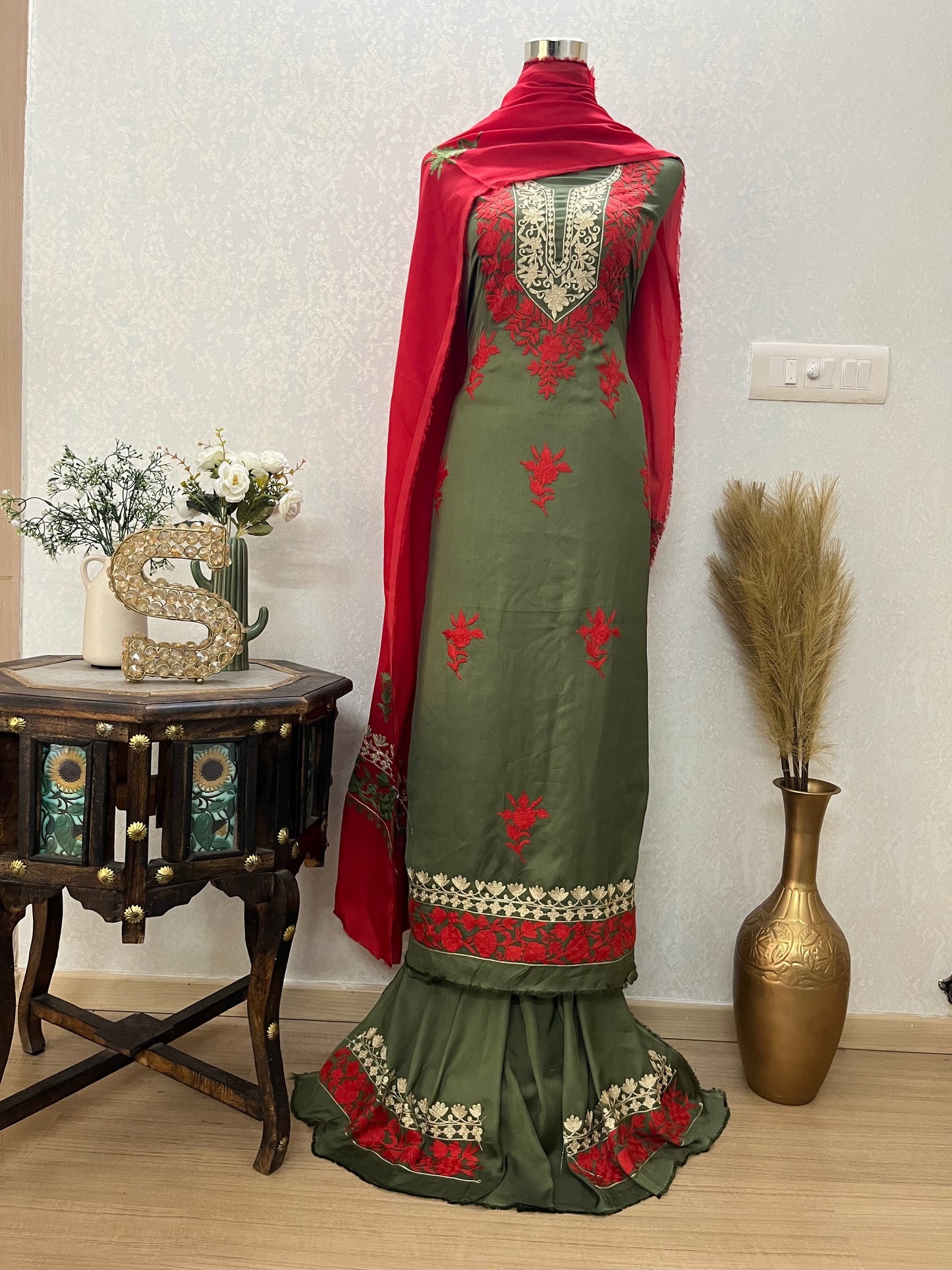 Heena green Satin Cotton Kashmiri Suit