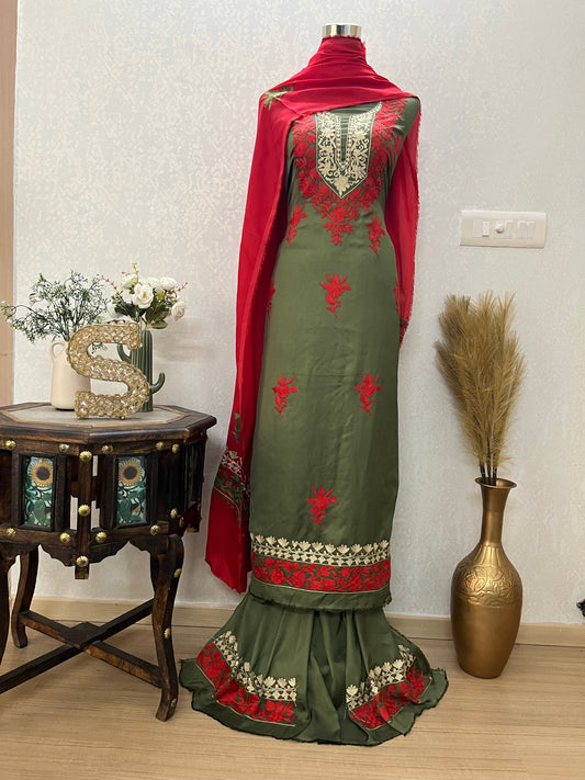 Heena green Satin Cotton Kashmiri Suit