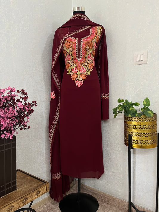 Maroon Georgette 2Pc Aari Embroidered Suit Set