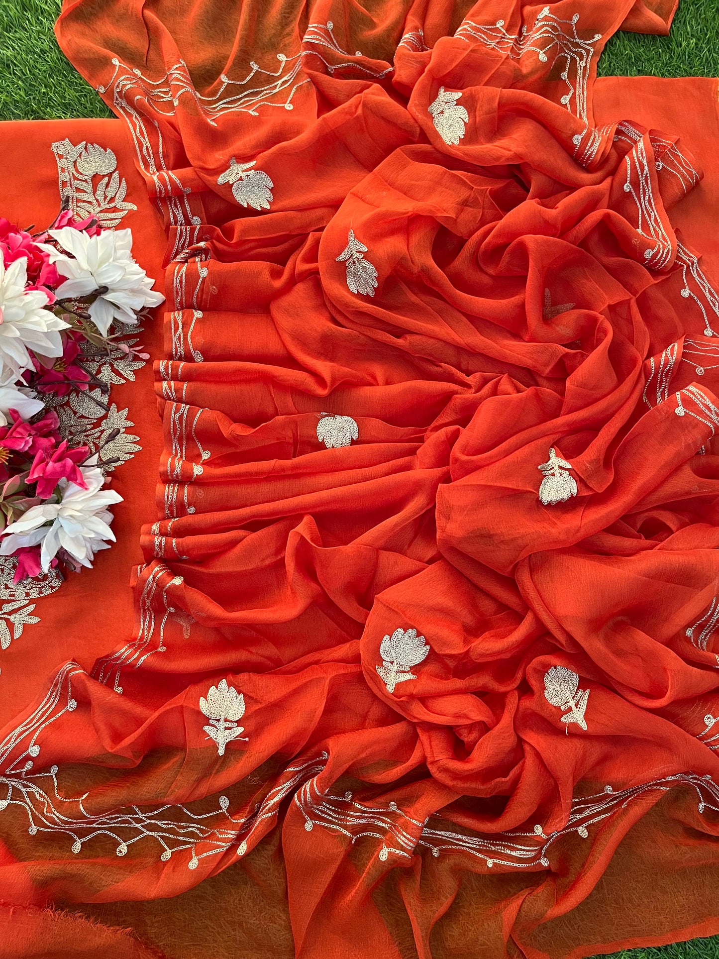 Rust Orange Silk Tilla Kashmiri Suit