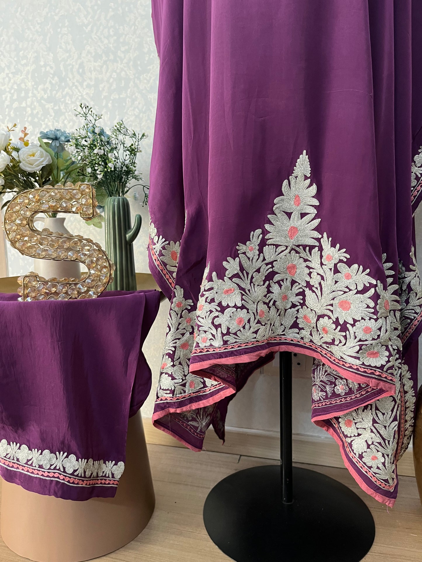Wine Crape Kashmiri Kaftan Set size
