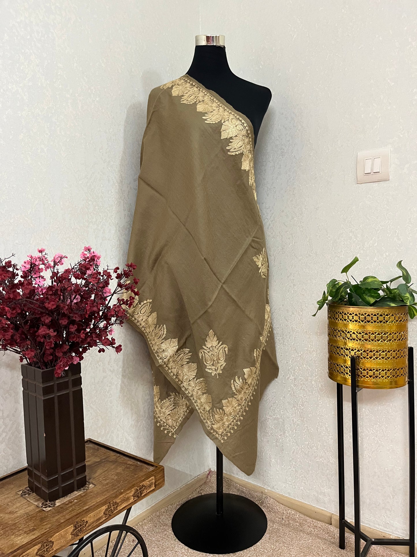 Beige Semi Pashmina Tilla Embroidered stole