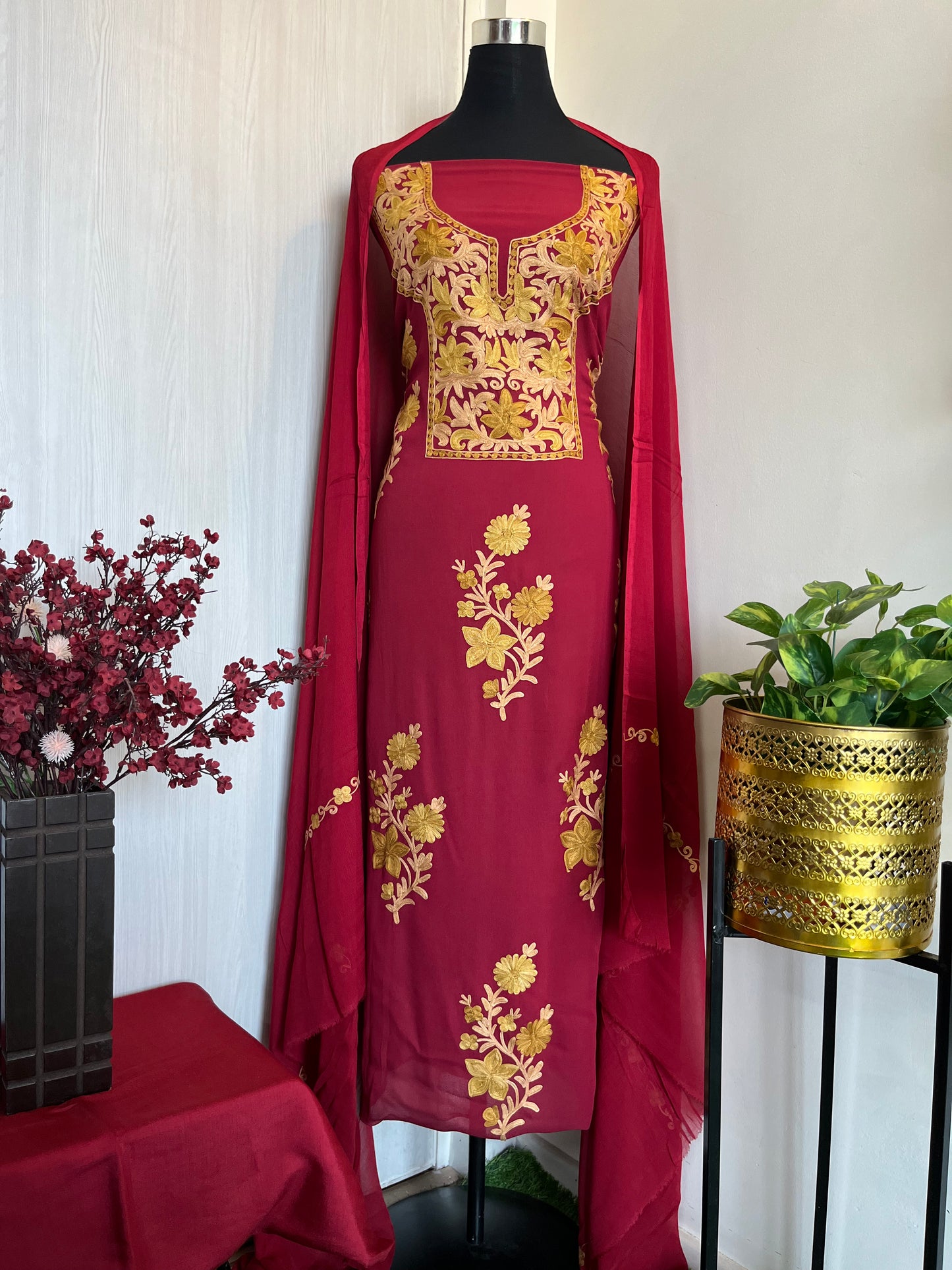 Maroon  Pure Georgette Tomato Red Aari Embroidered Suit