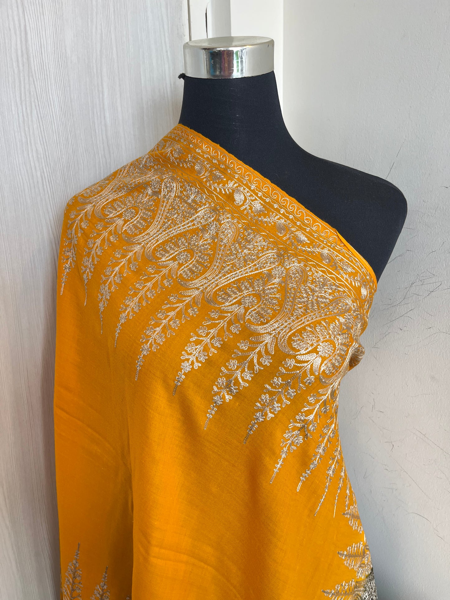 Mustard Black Silk Thread Embroidered Fine Semi Pashmina stole