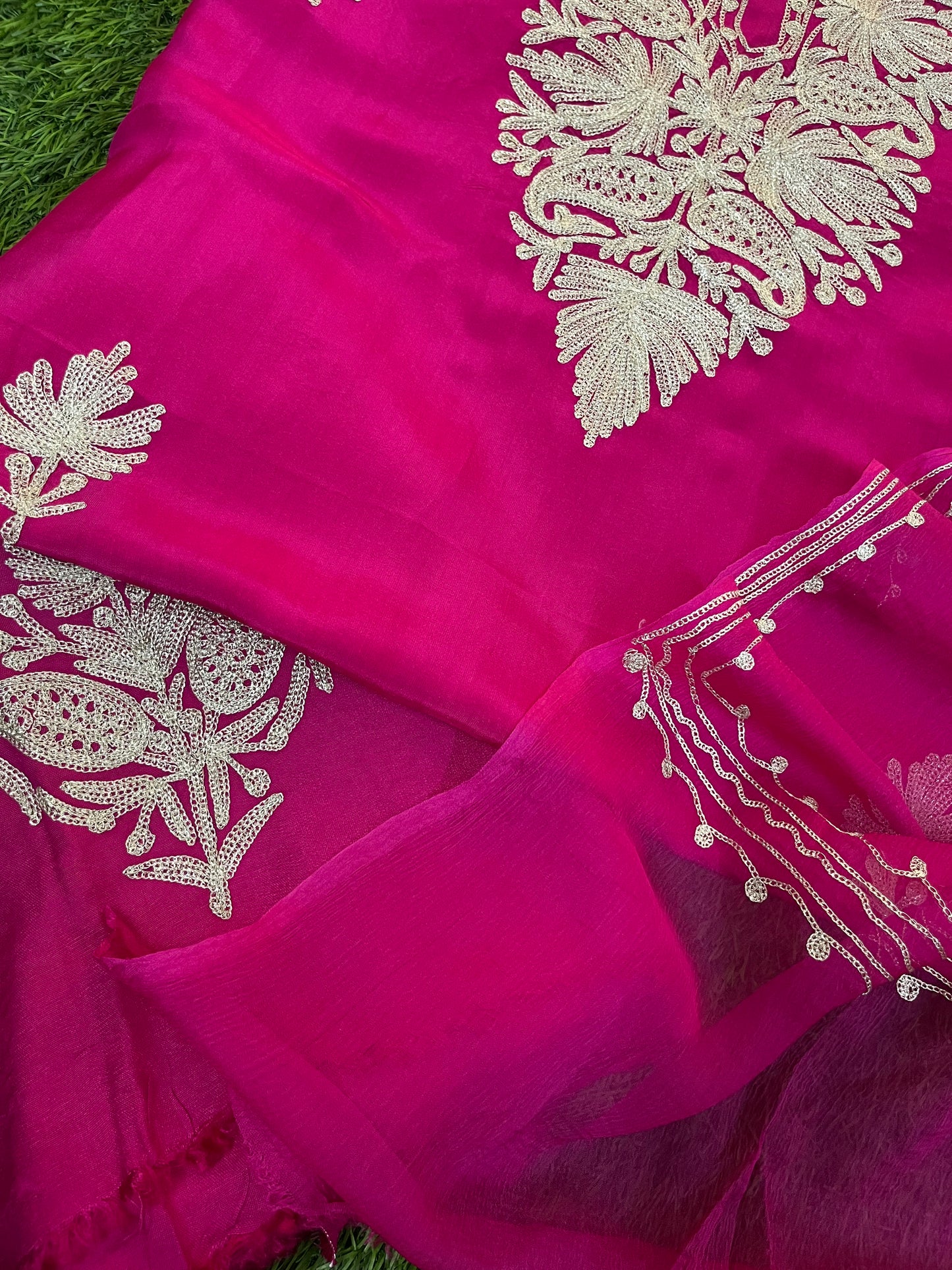 Hot Pink Silk Tilla Kashmiri Suit