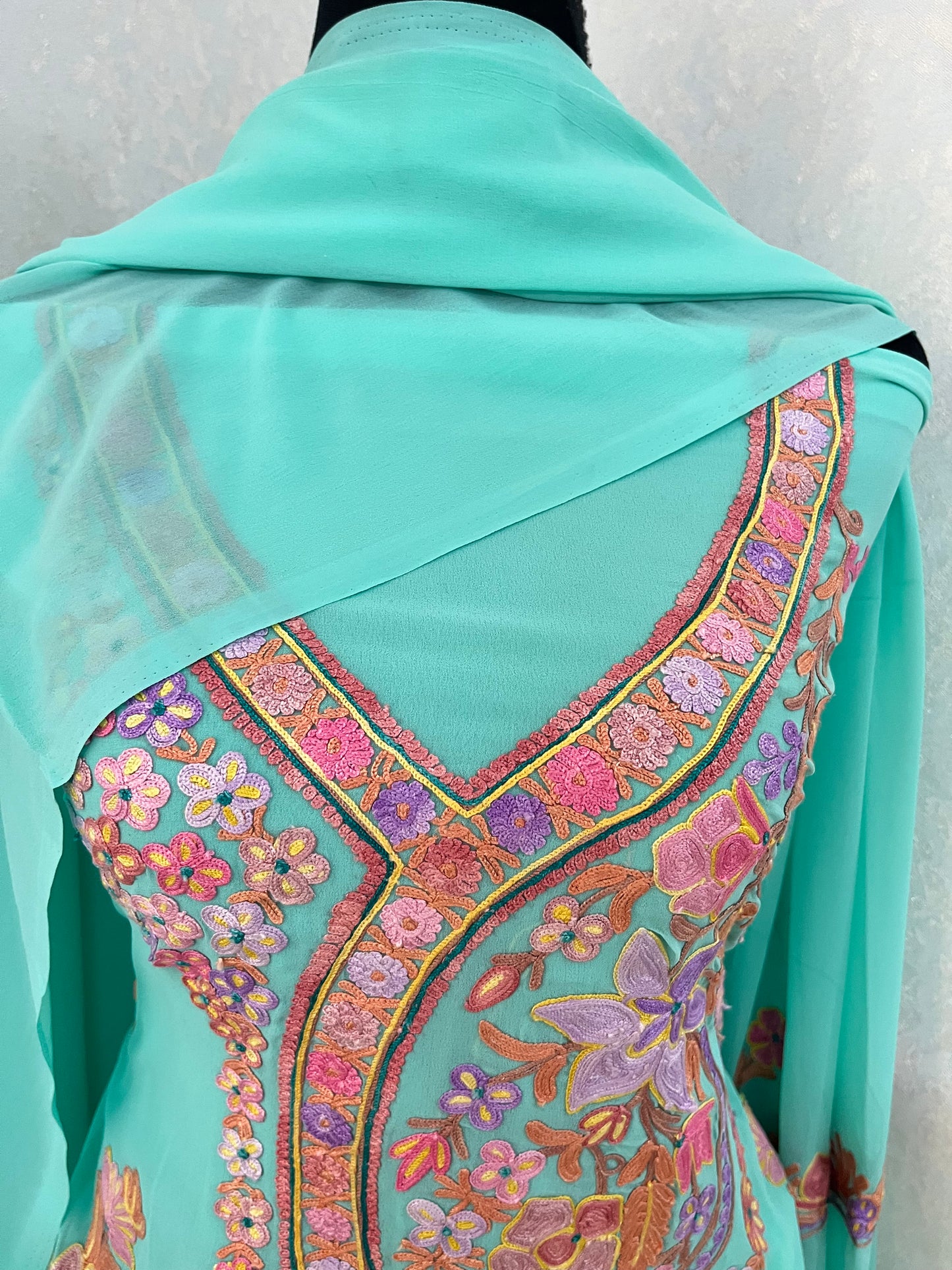 Sky Green Georgette 3 Pc Aari Embroidered Suit