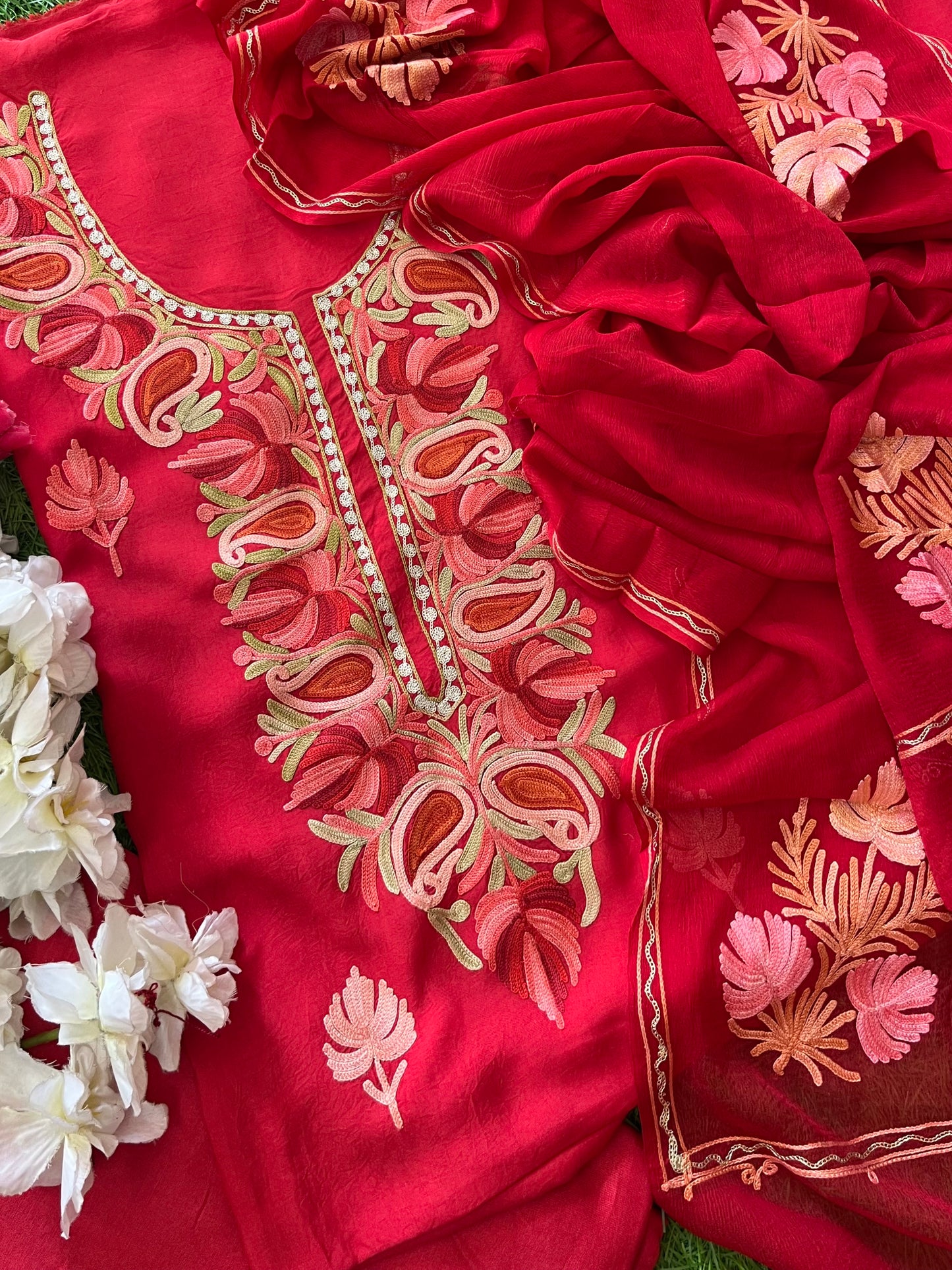 Red Opada Silk Aari Embroidered Suit material