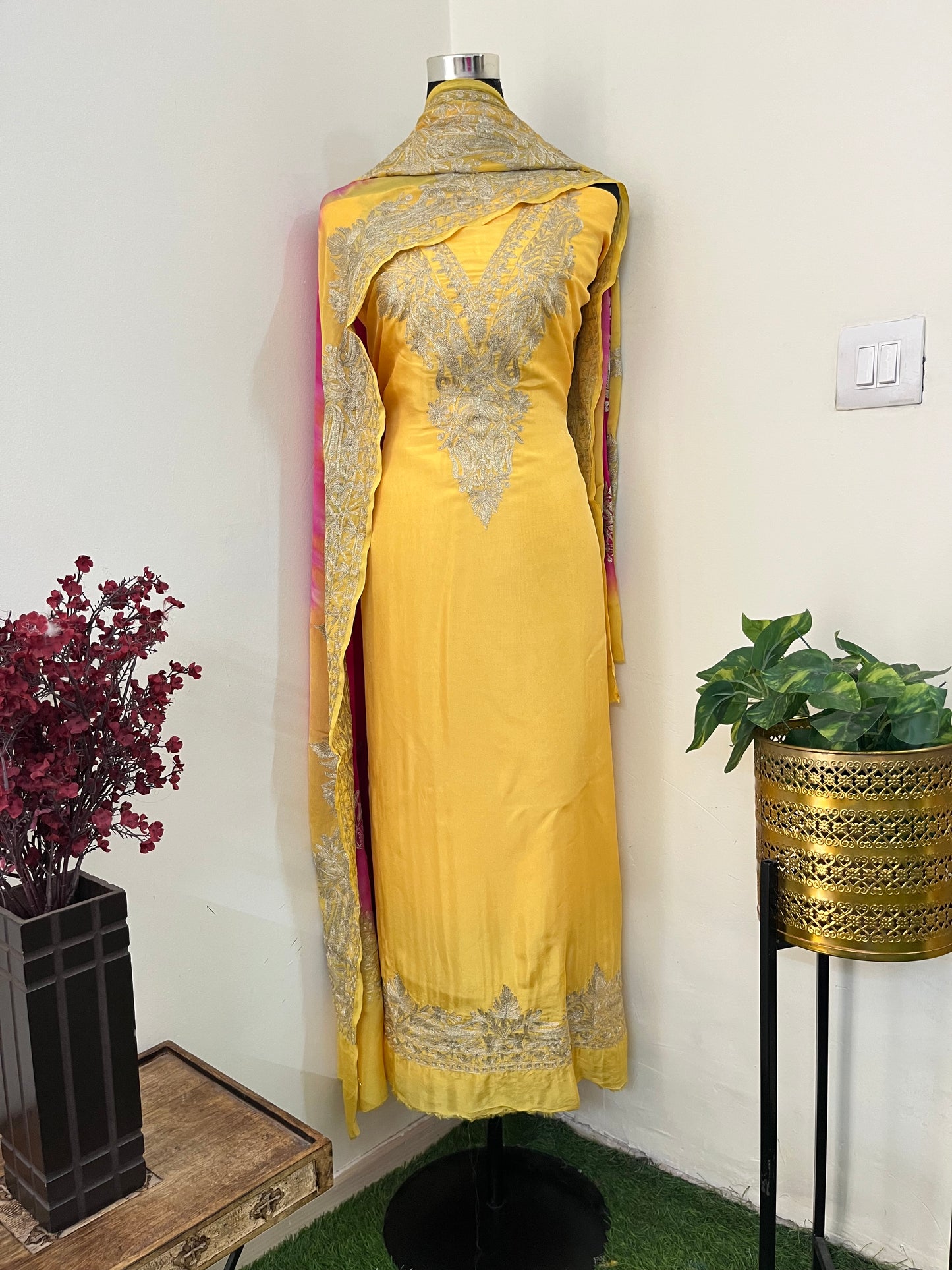 Gold Sanam Silk Kashmiri Suit