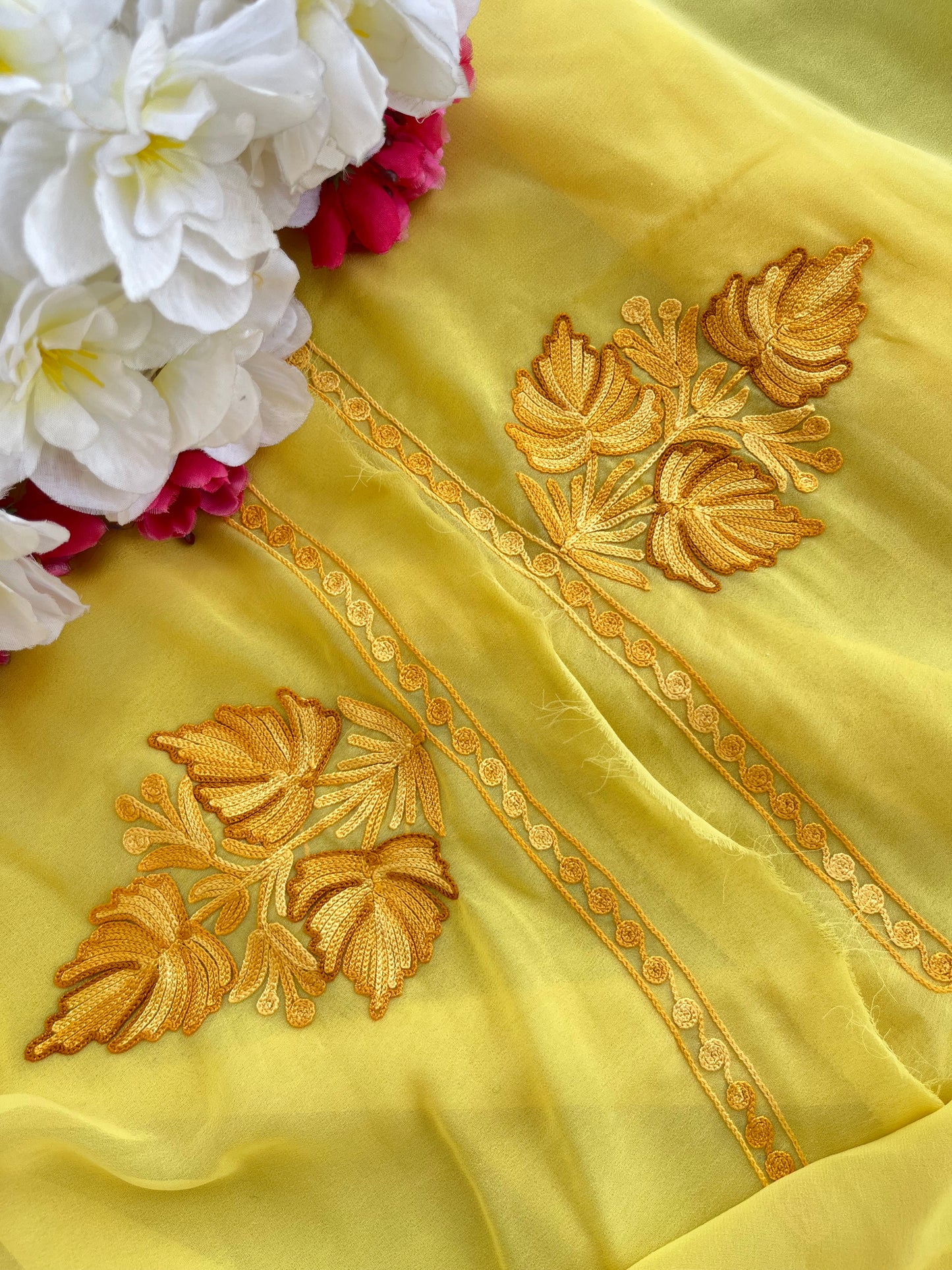 Georgette Yellow 3 Pc Aari Embroidered Suit Set