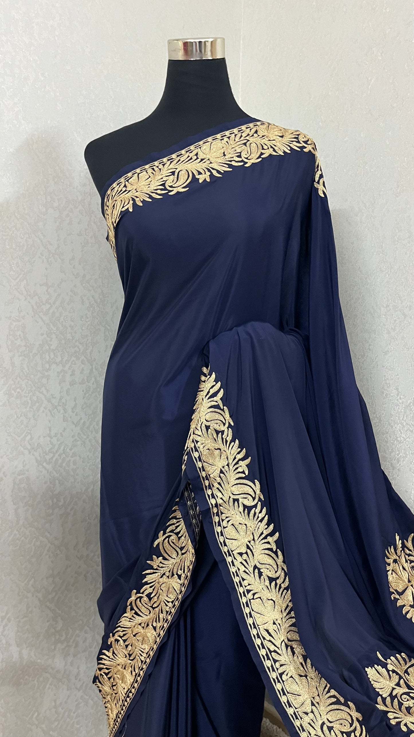 Navy Blue Crape Kashmiri Tilla Saree