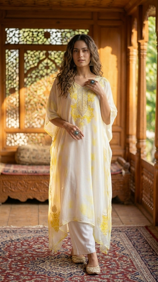 Ivory Pure Georgette Shibori Kaftan Size (50)
