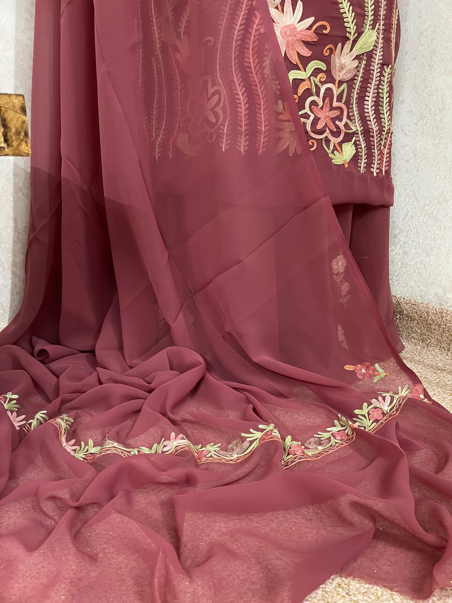 Onion Pink Georgette 3 Pc Kashmiri Suit