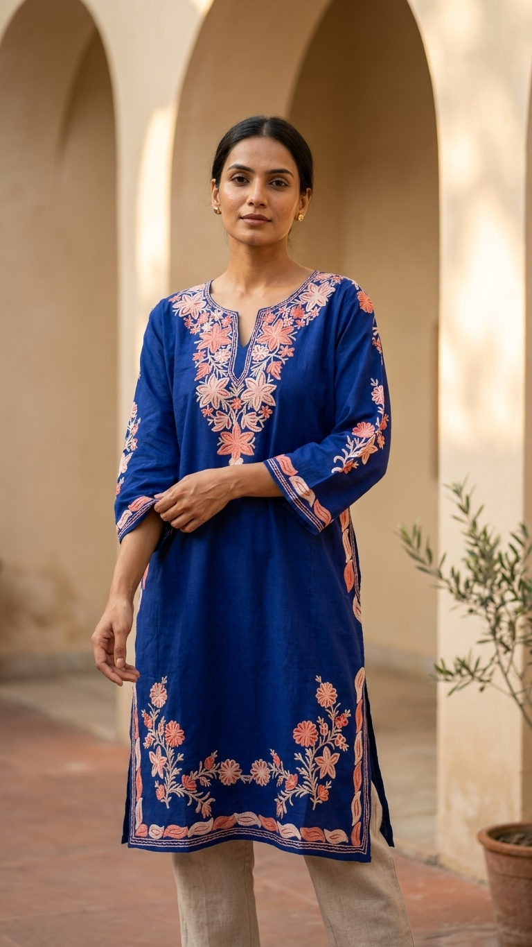 Royal Blue Aari Embroidered Wool Pheran
