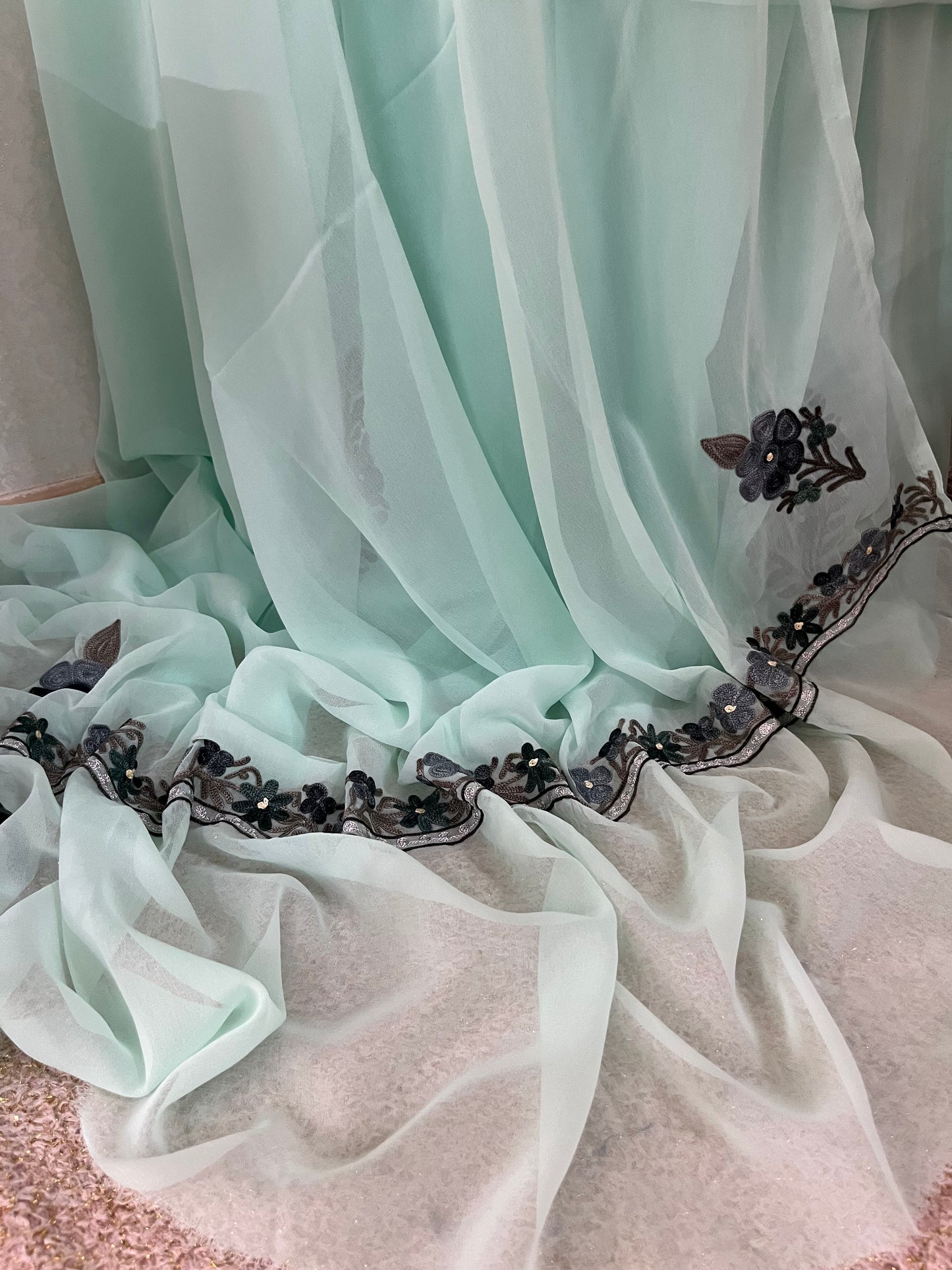 Mint Green Georgette 3Pc Kashmiri Suit