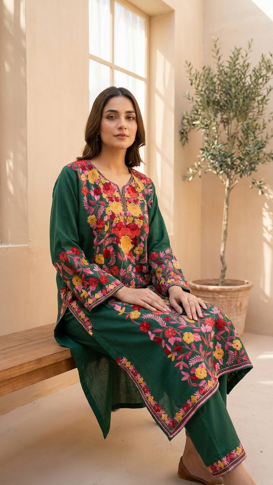Bottle Green Cotton Front Jaal Pheran Set  Size(46)