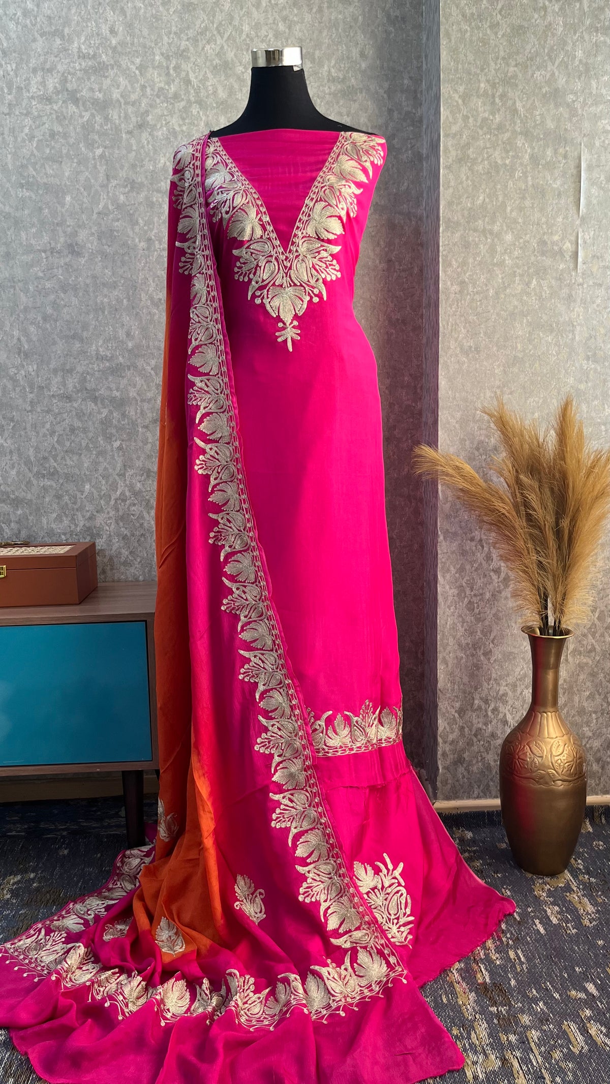 Hot pink Sanam Silk Kashmiri Suit