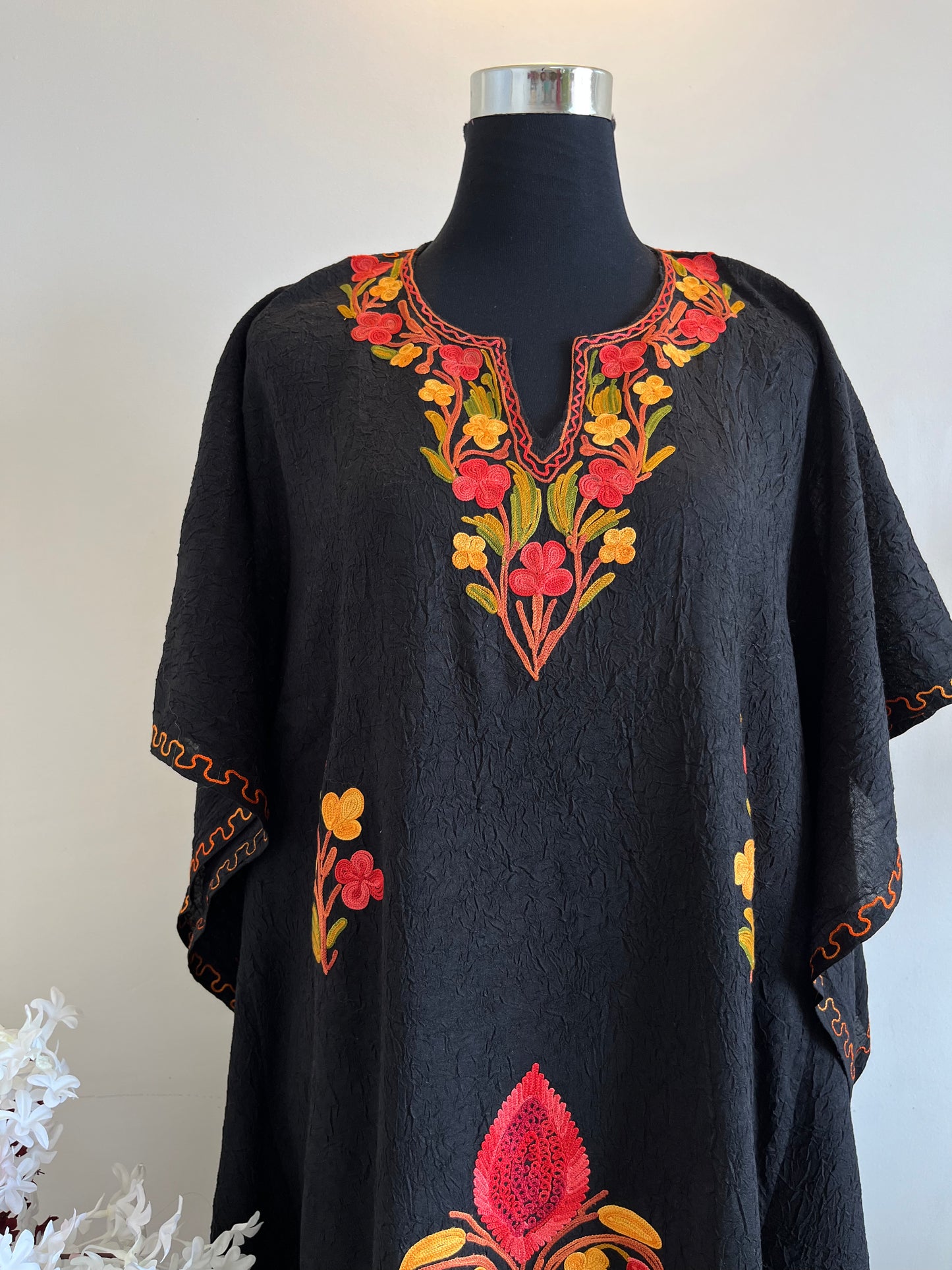 Long Crush Cotton Black Aari embroidered Kaftan