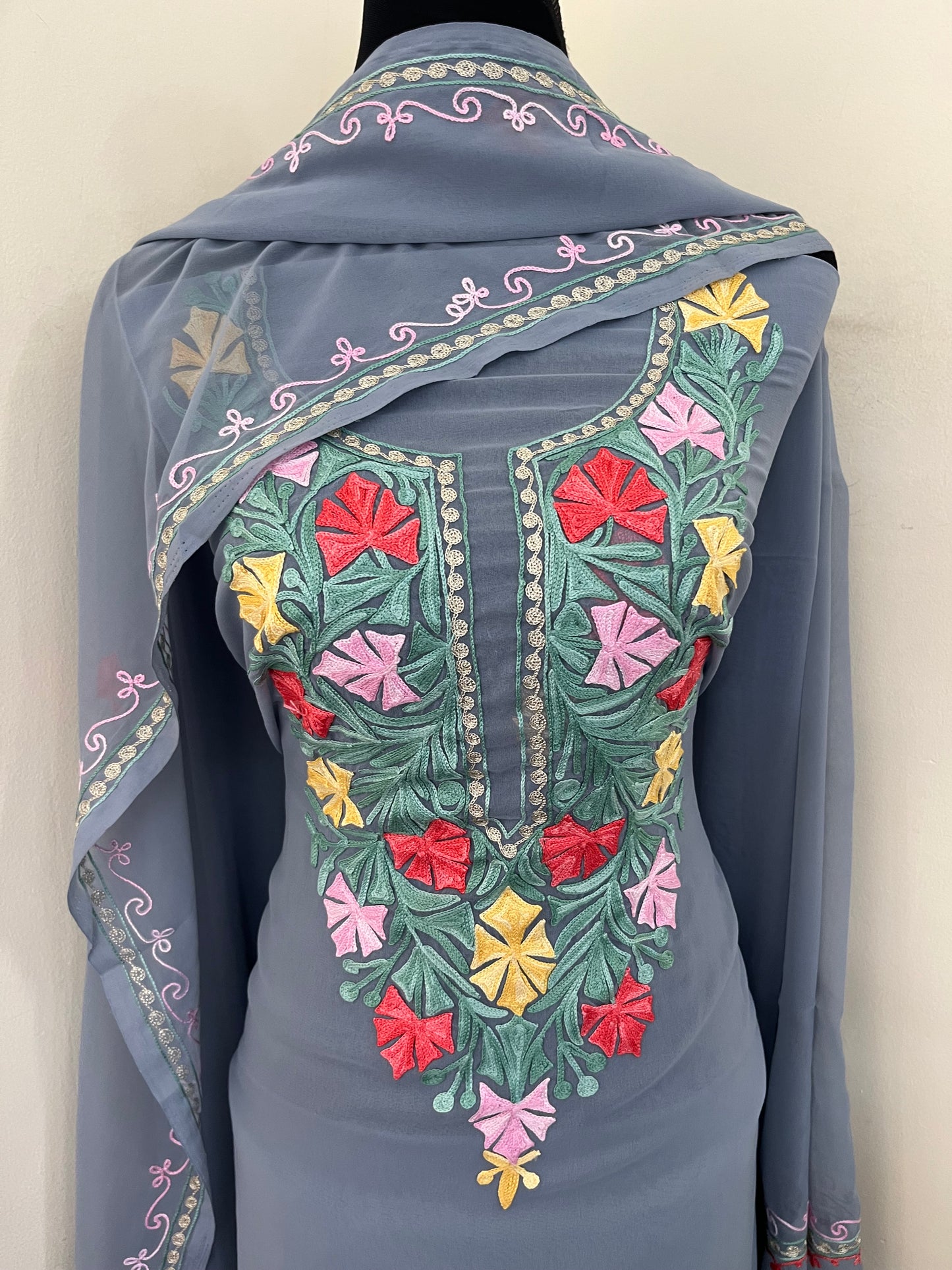 Steel Grey Georgette 3 Pc Aari Embroidered Suit Set