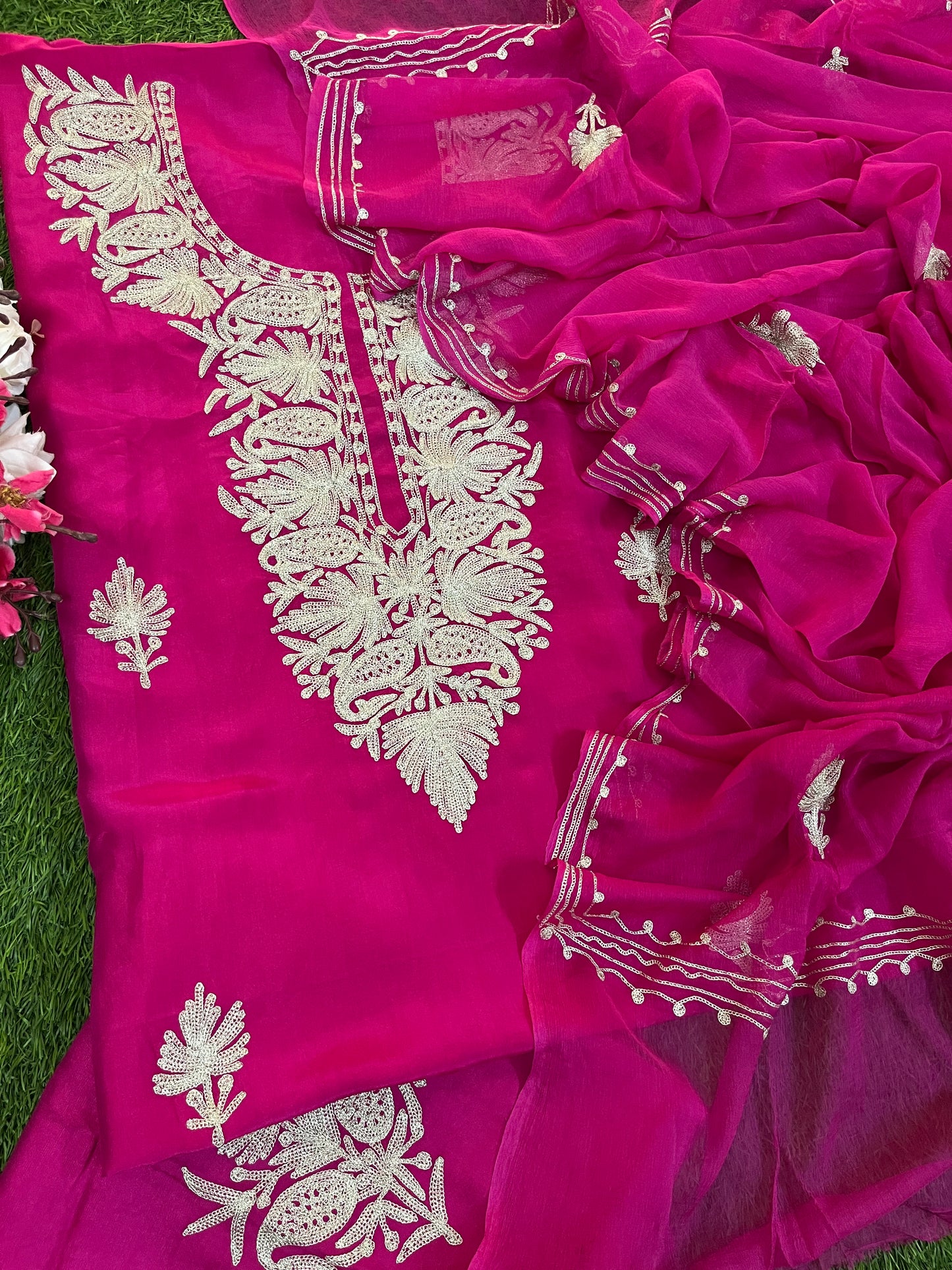 Hot Pink Silk Tilla Kashmiri Suit
