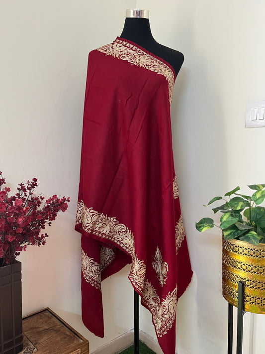 Maroon Fine Semi Pashmina Tilla Embroidered stole