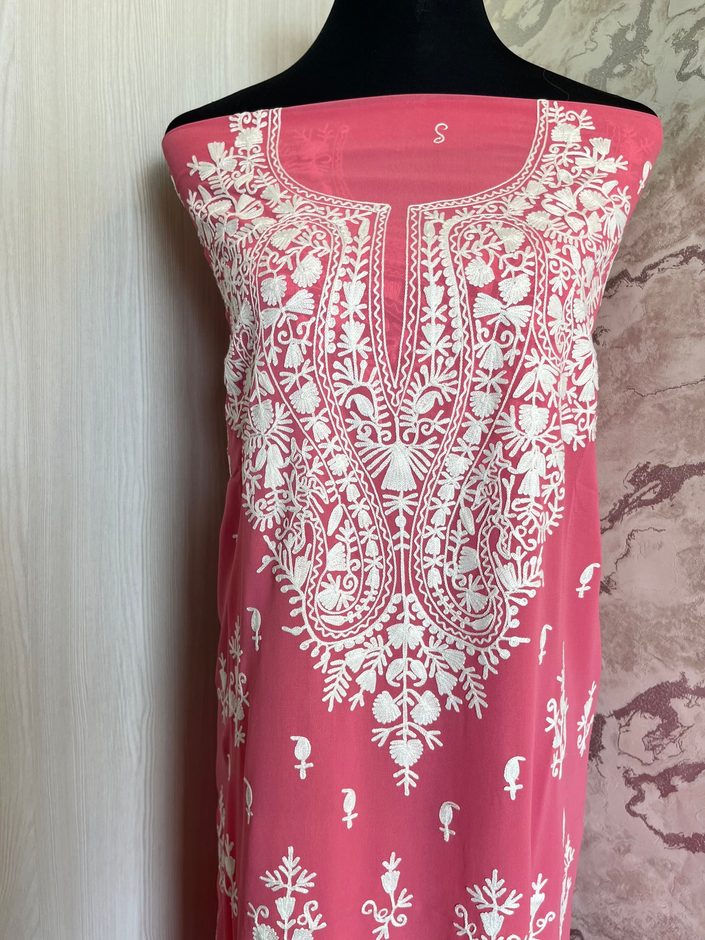 Georgette Pink All over Work Aari Embroidered Unstitched Kurta Material