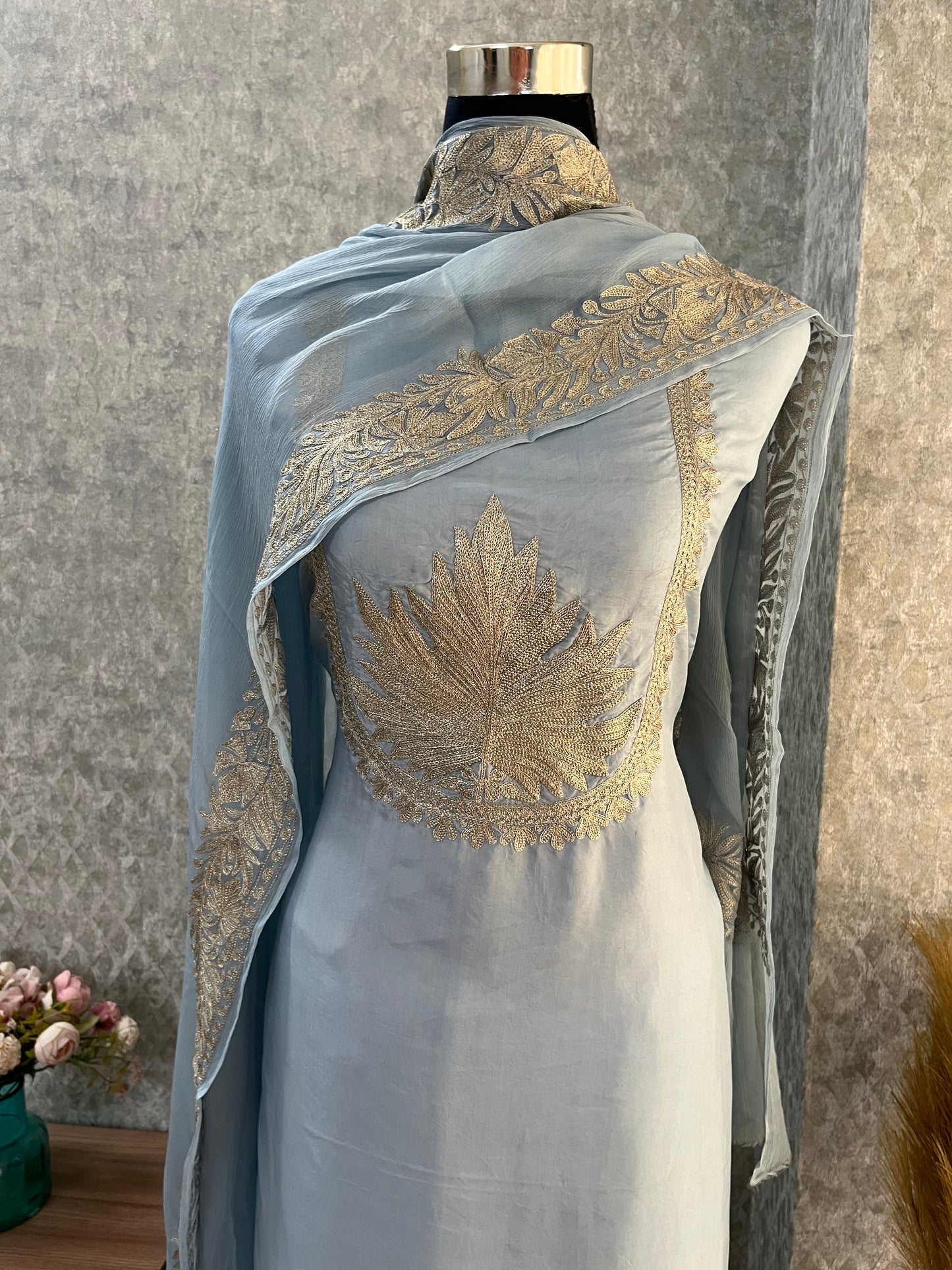 Ice Blue Sanam’ Tilla Kashmiri Silk Suit