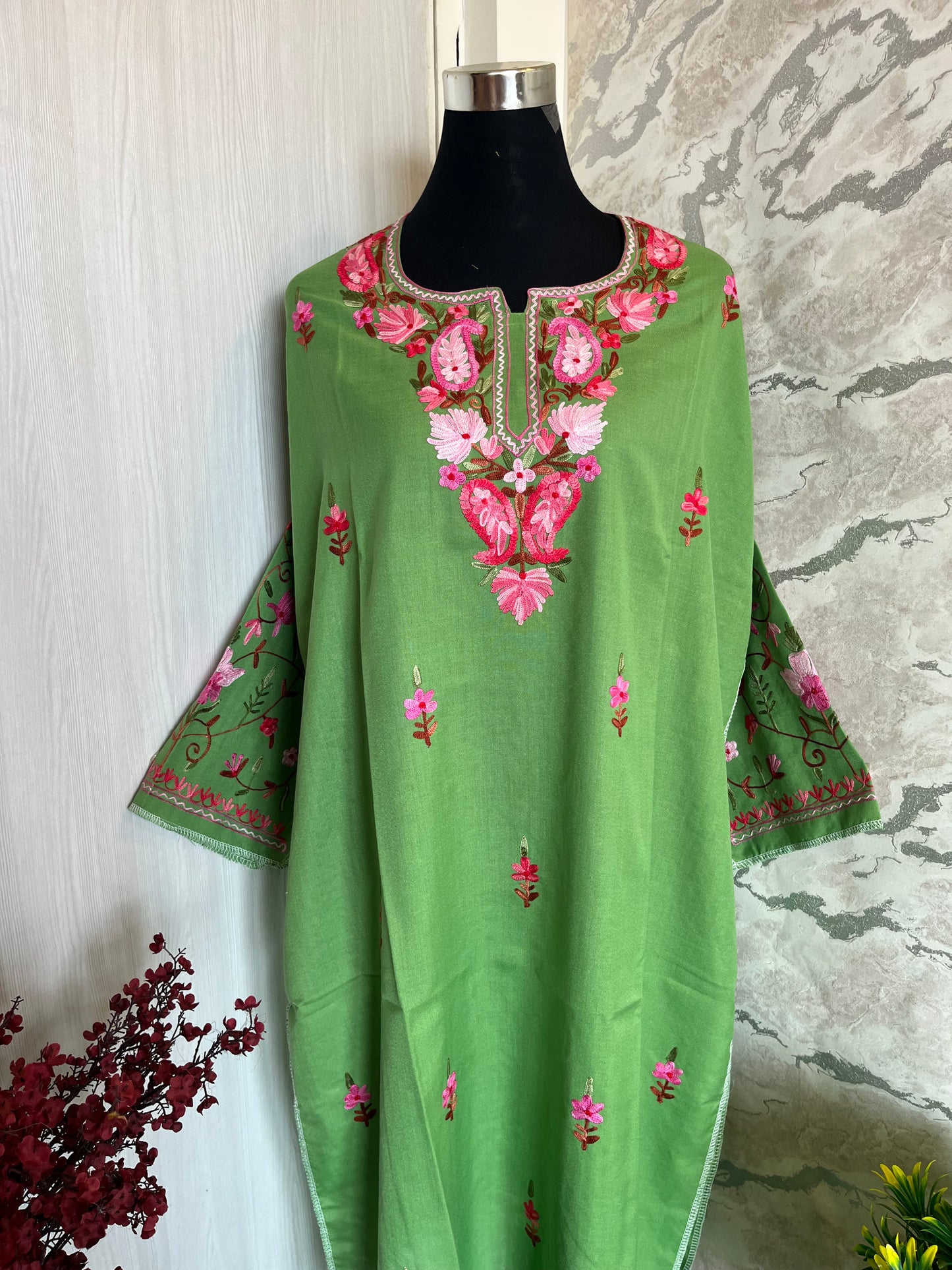 ‘Bageecha’ Parrot Green Cotton Semi Stitched Cream Aari Work Kurti