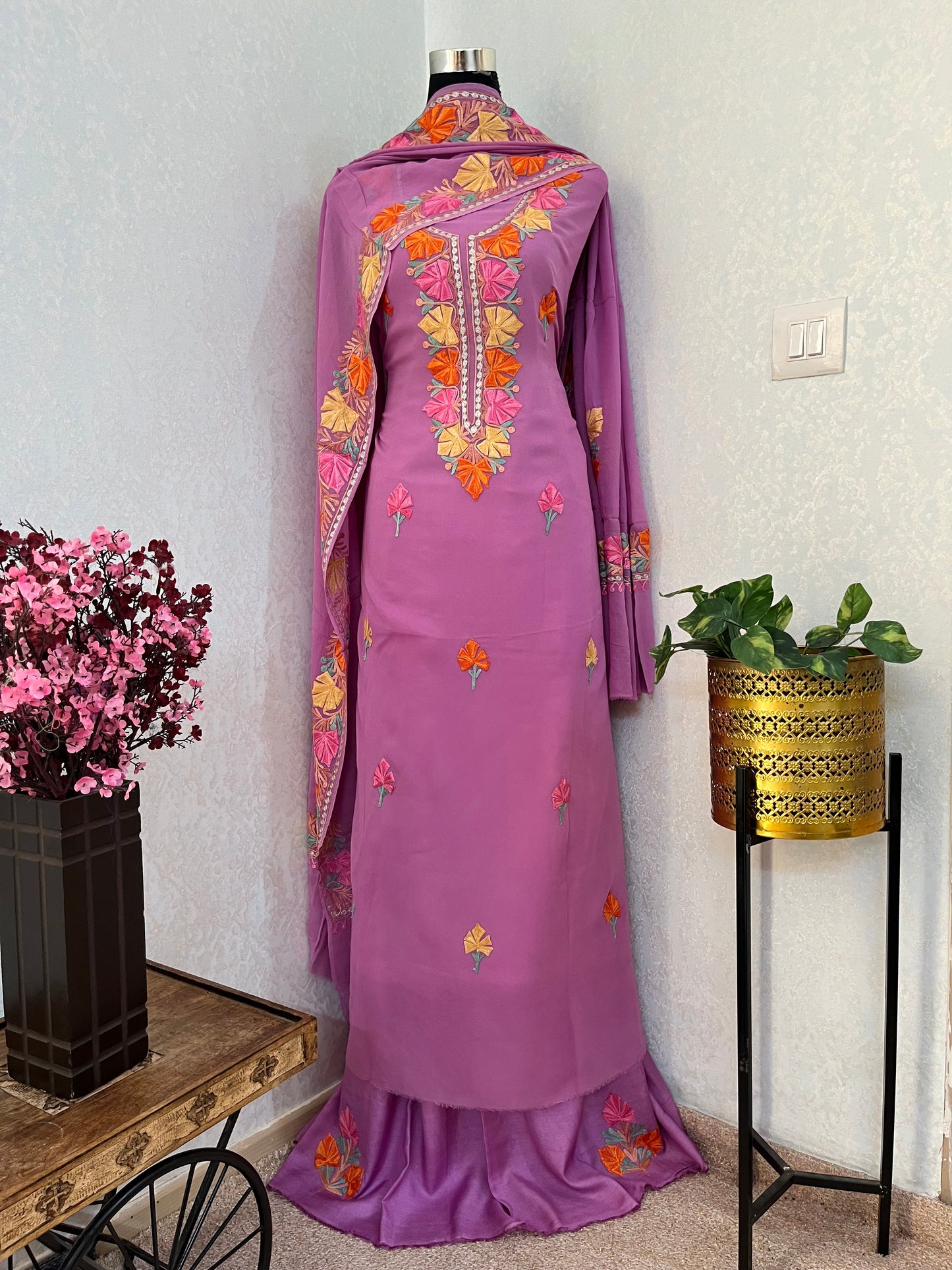 Lilac Pure Georgette Aari Embroidered Suit