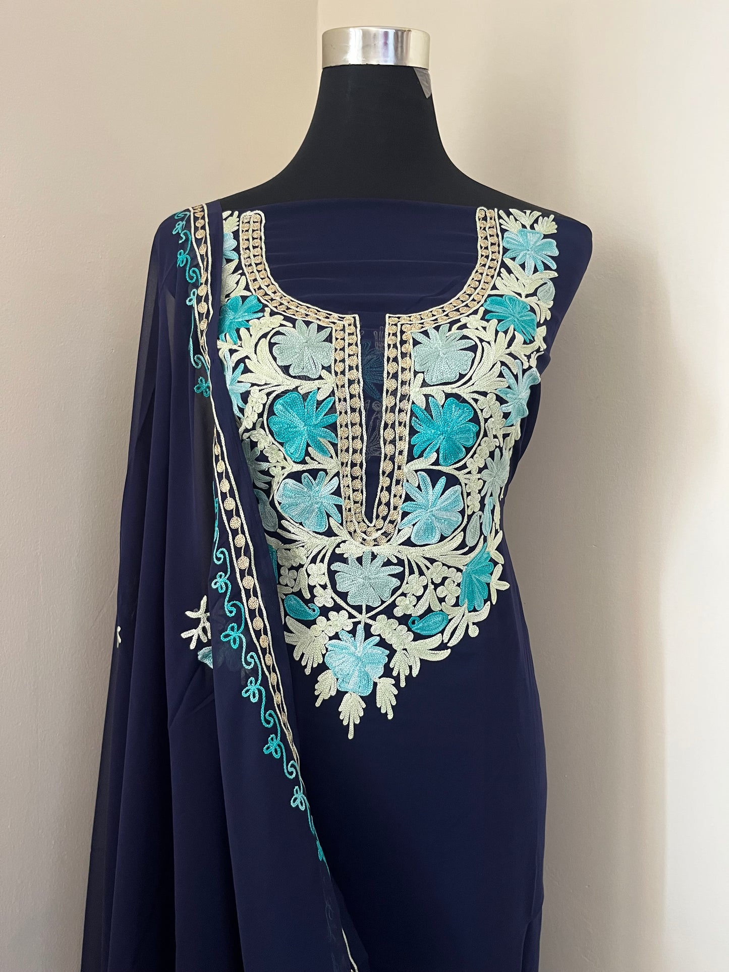 Royal Blue Georgette Shirt and Dupatta Aari Embroidered Suit