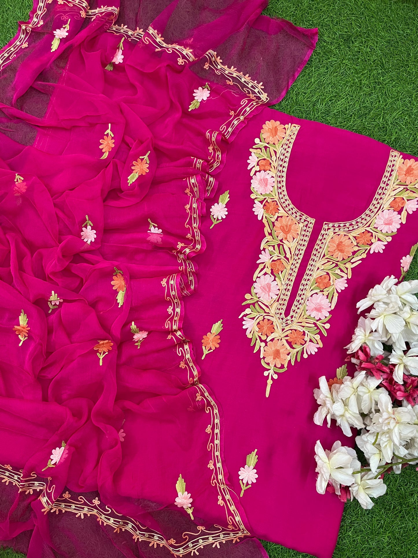 Hot Pink Muslin Cotton Jaal Sleeves Kashmiri 3pc Suit