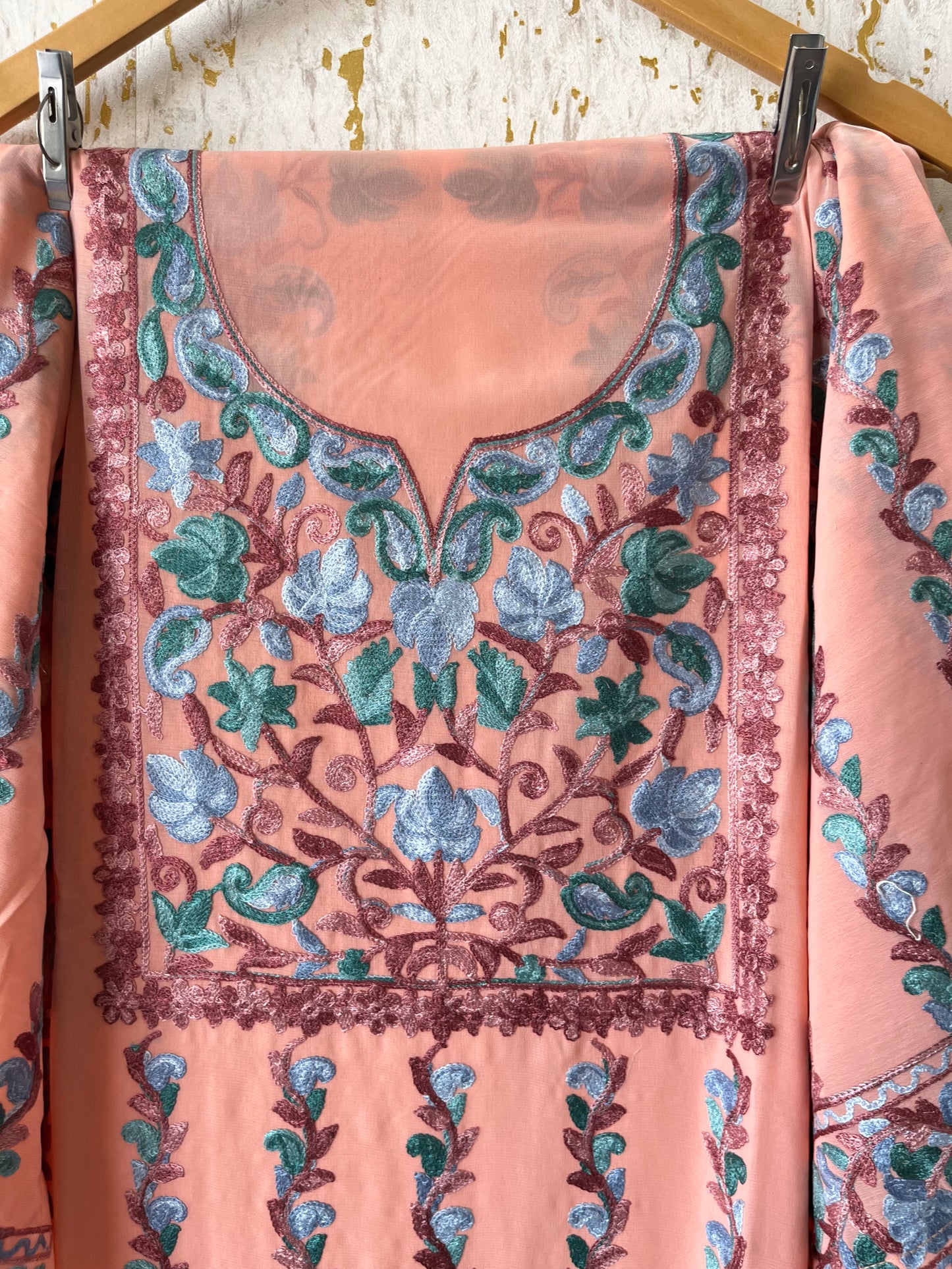 Peach Georgette All over Work Aari Embroidered Unstitched Kurta Material