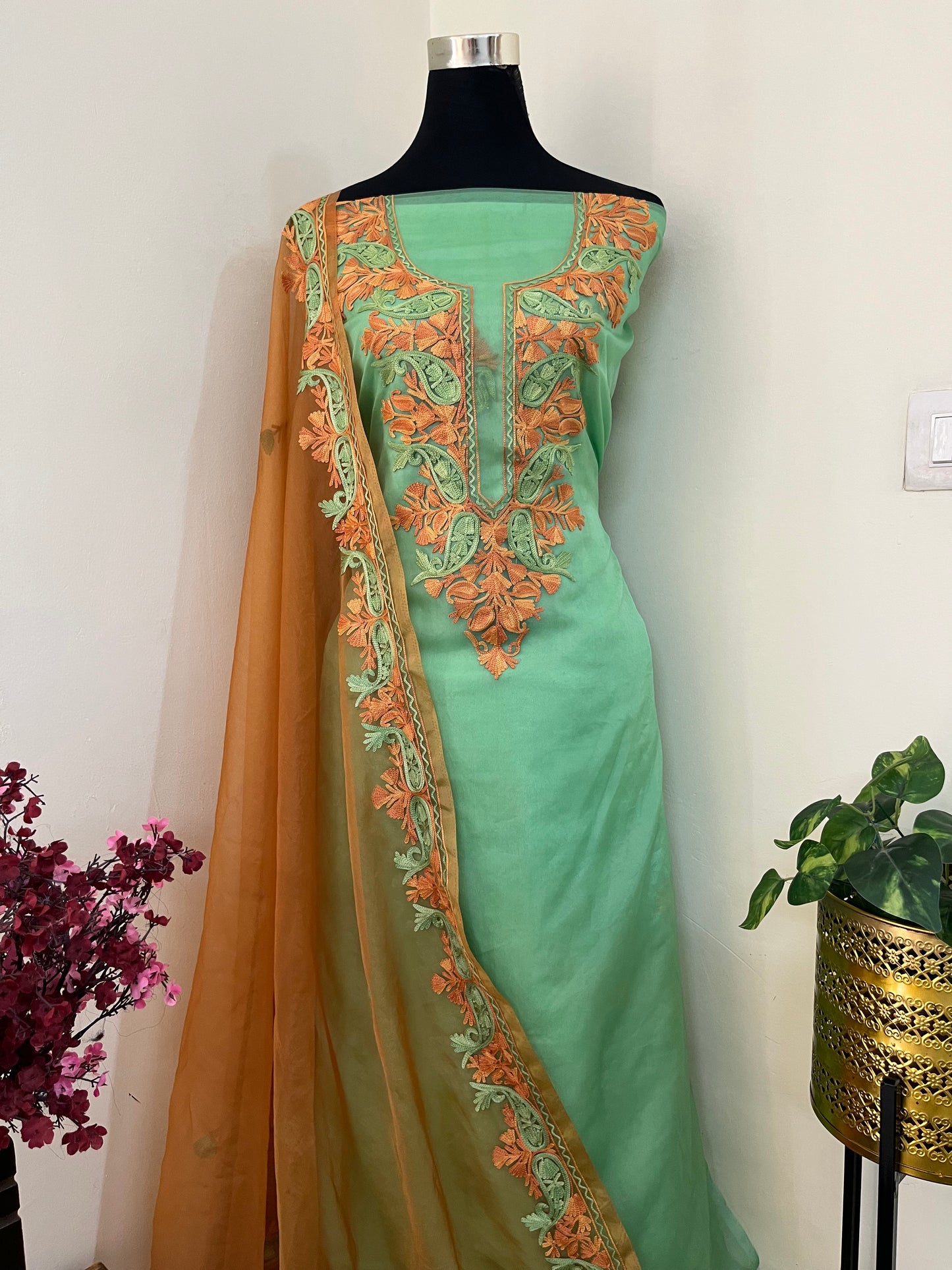 Soft Green Soft Tissue Kashmiri Suit