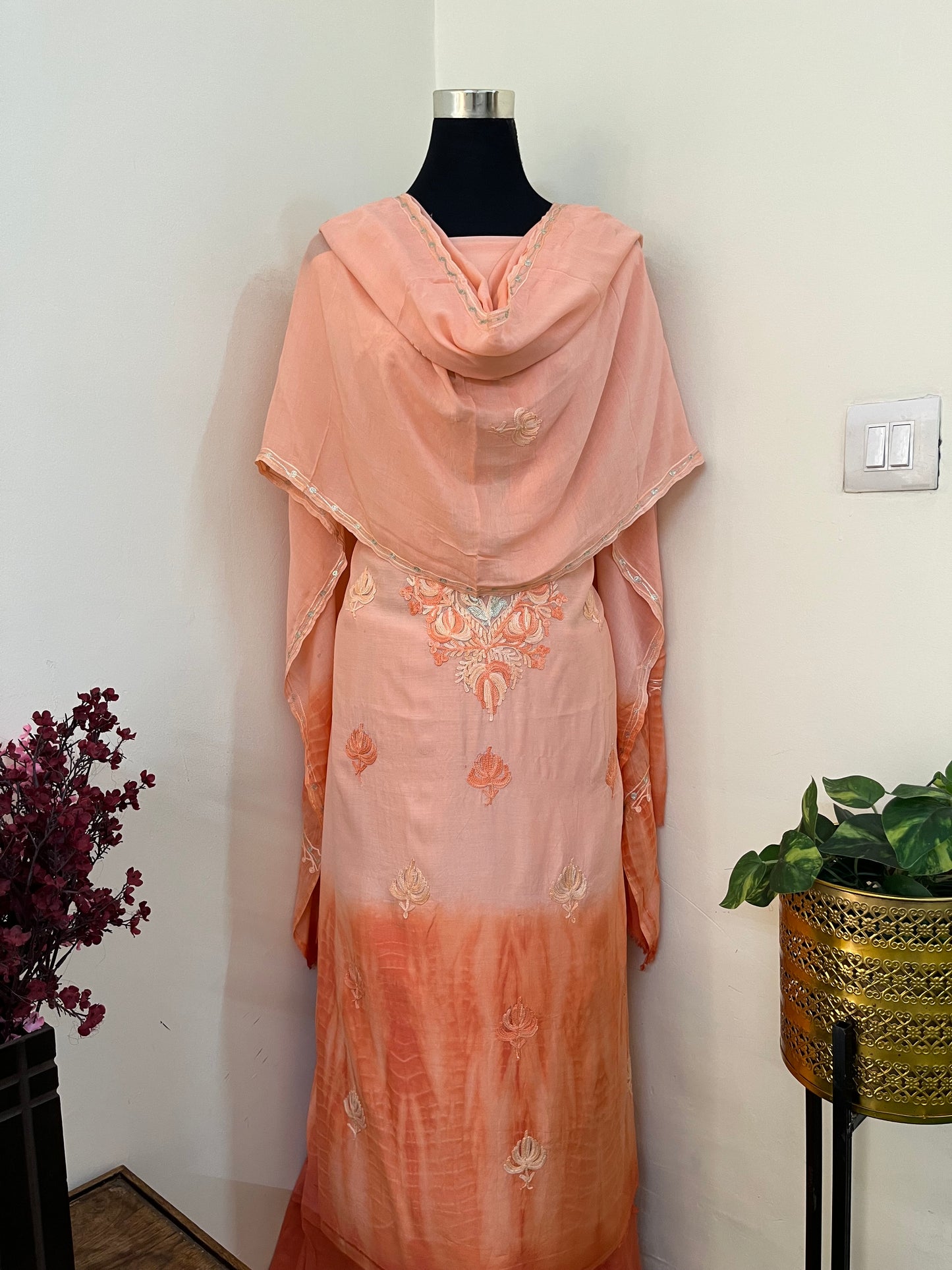 Soft Orange Mul Cotton Shibori Work Kashmiri 3pc Suit