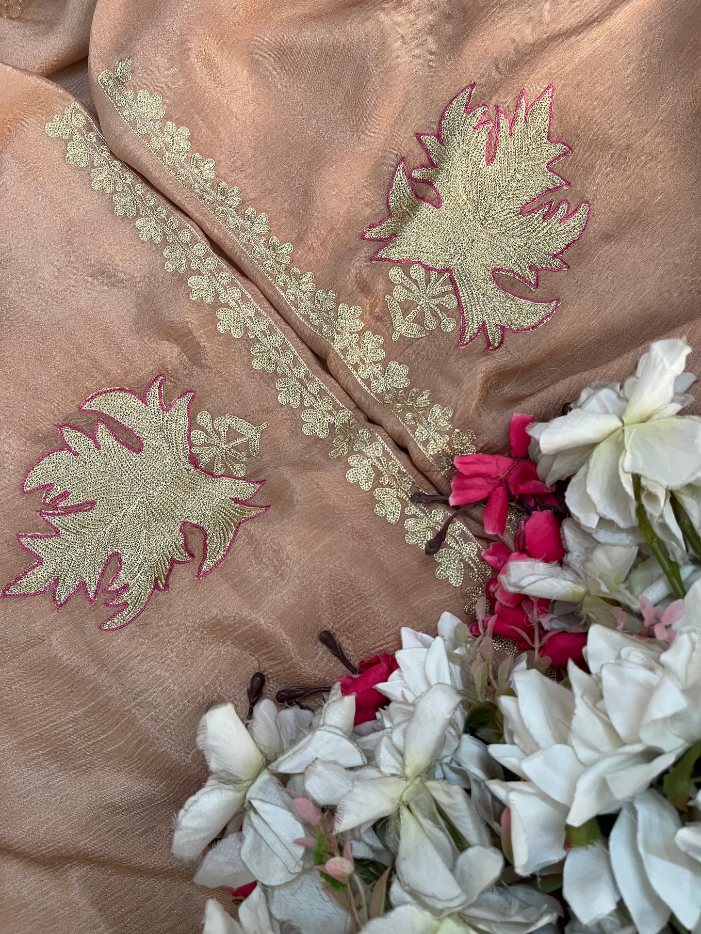 Peach Chinon 3 Pc Aari Embroidered Suit