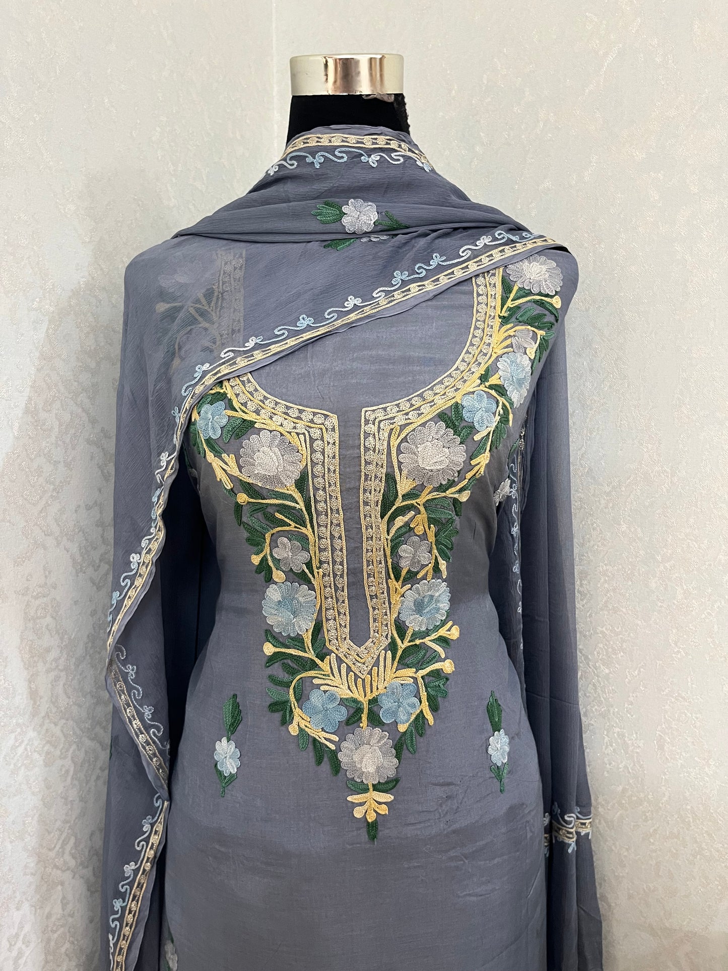 English Grey Muslin Cotton Jaal Sleeves Kashmiri 3pc Suit