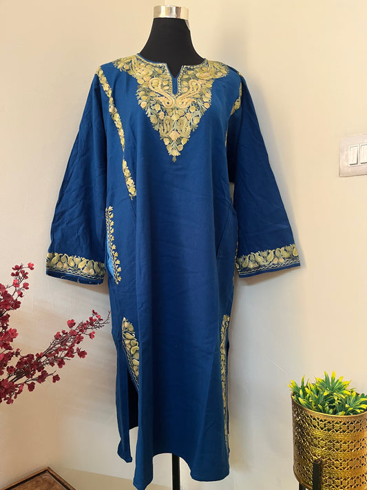 Blue Aari Embroidered Wool Pheran