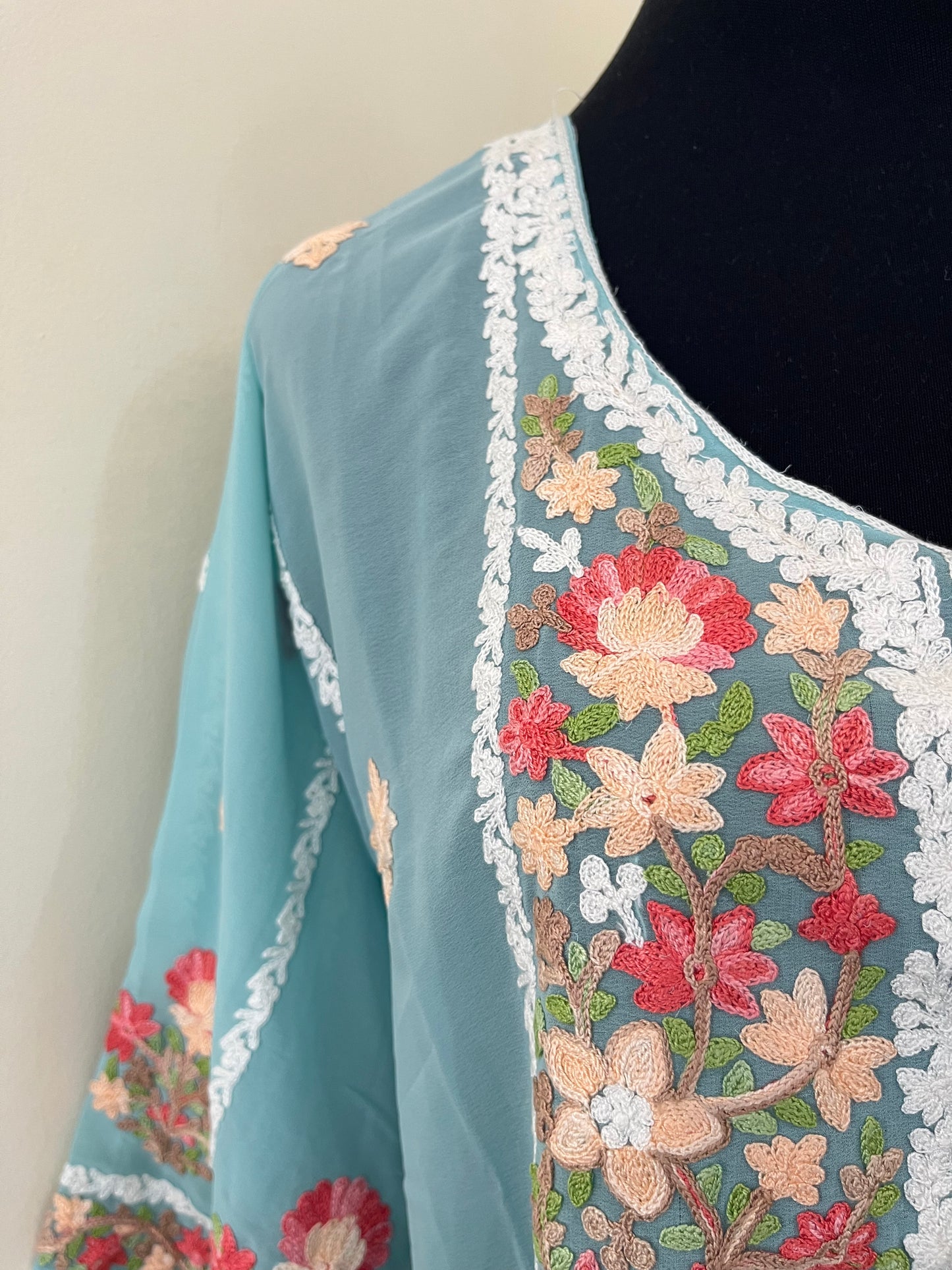 Soft Blue Georgette All over Work Aari Embroidered Unstitched Kurta